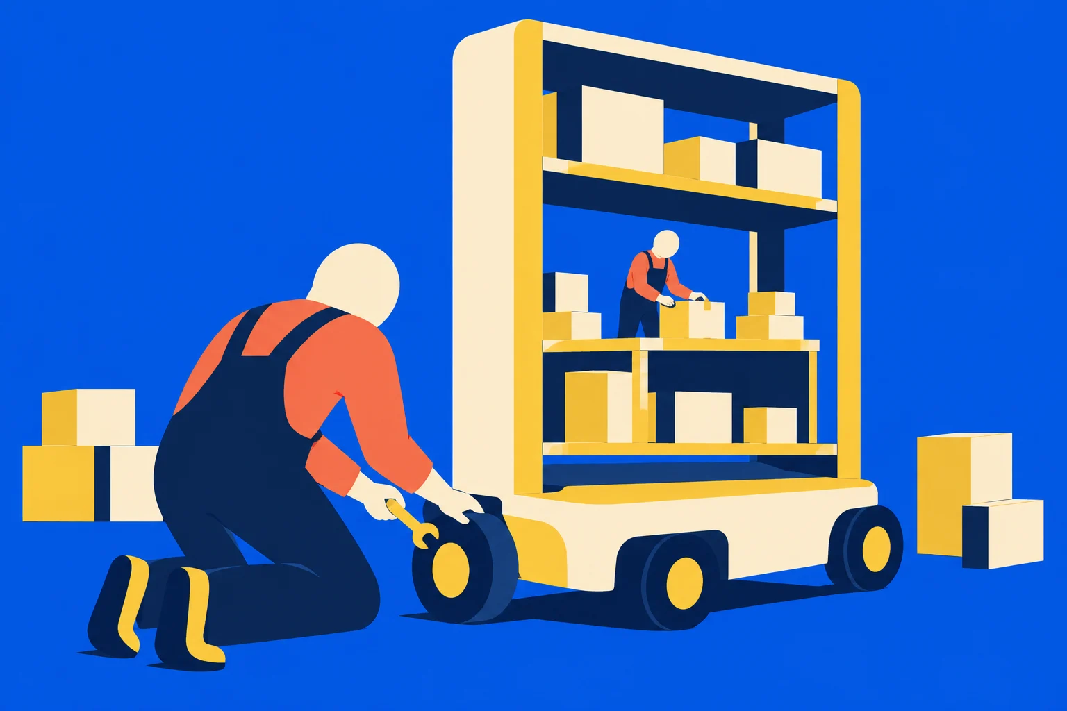 A worker kneels to repair a wheel on a tall warehouse cart while another worker arranges boxes on its shelves against a blue background.