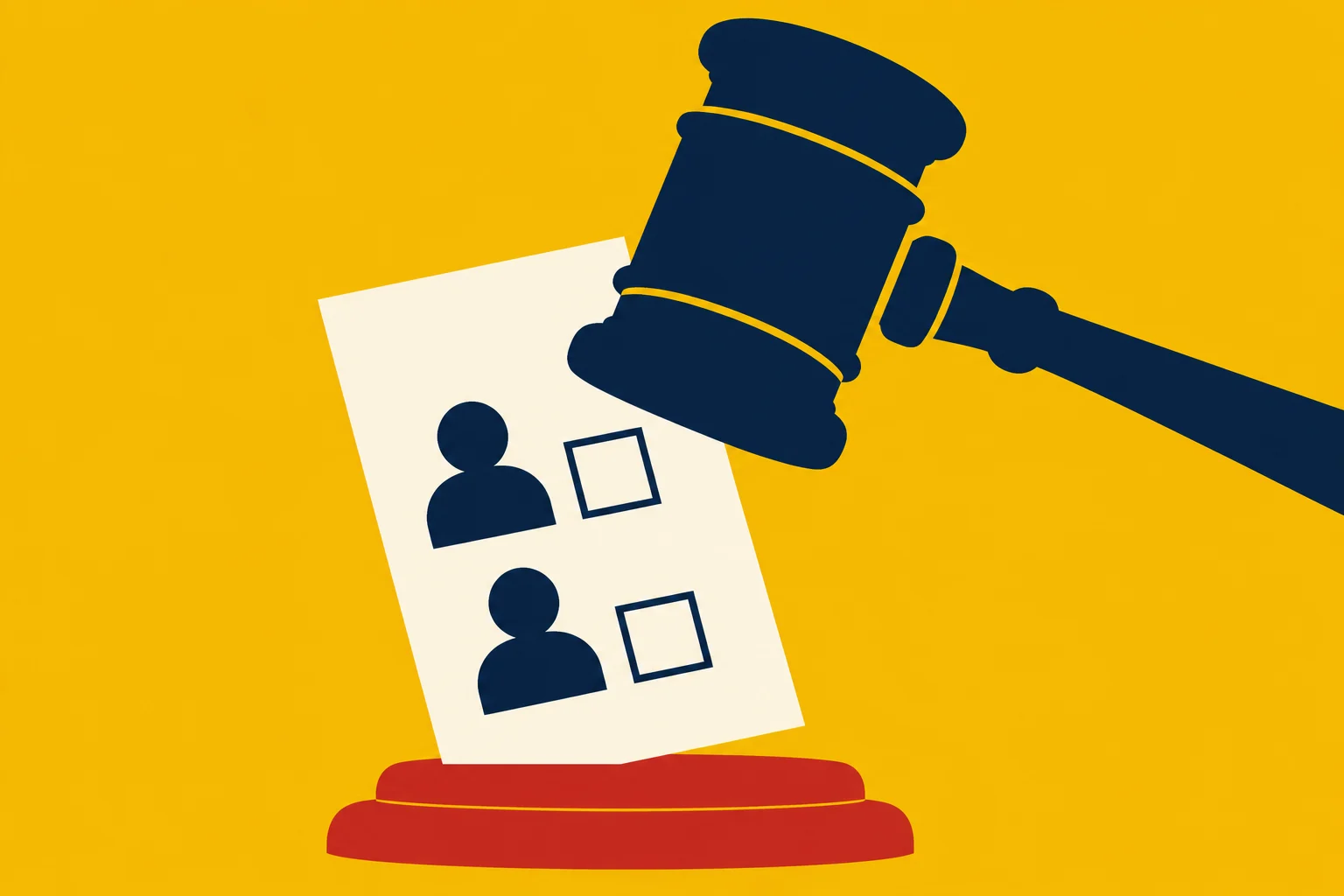 A dark blue judge’s gavel hangs over a ballot with two candidate icons and empty checkboxes above a red base against a yellow background.