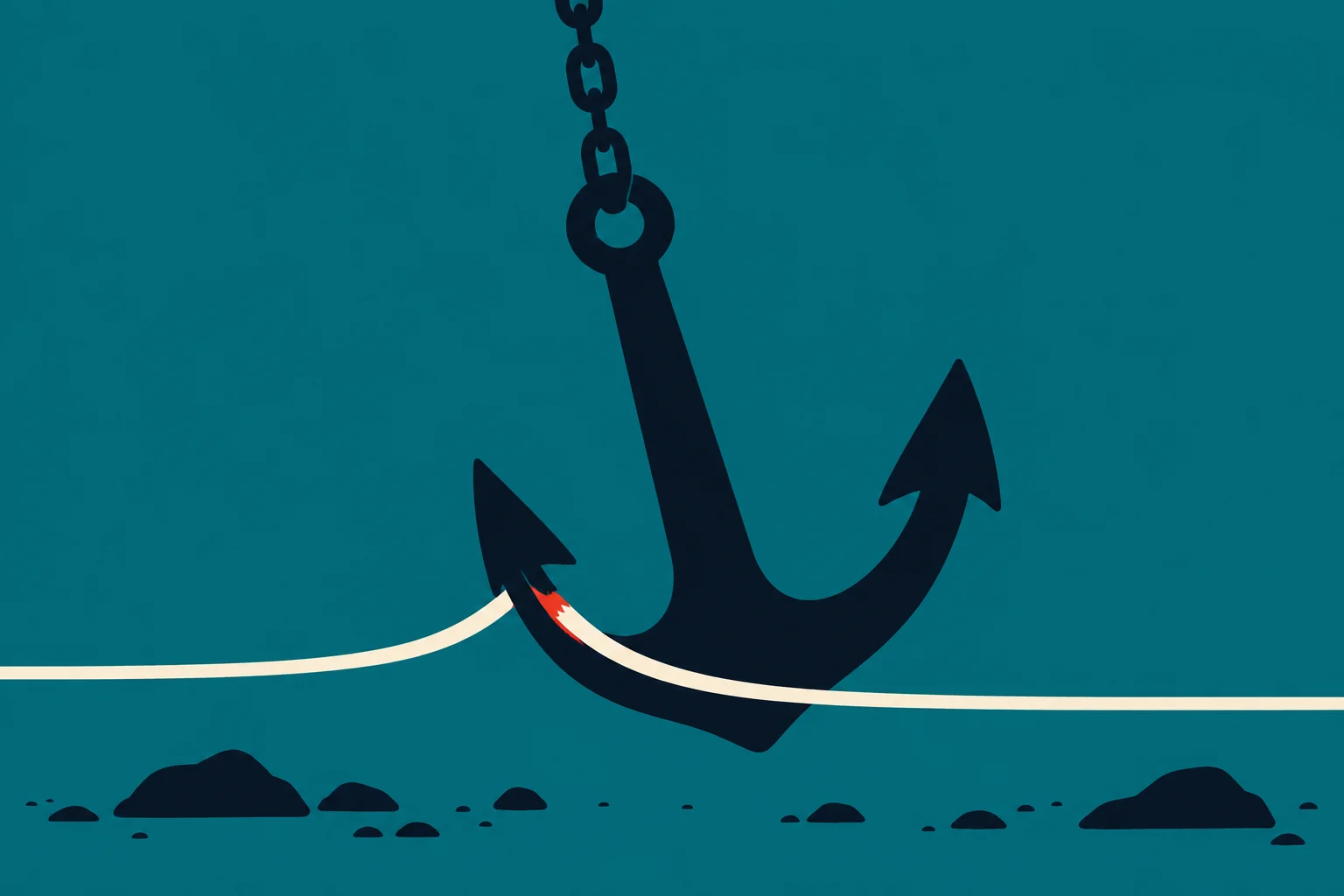 A dark anchor hangs from a chain underwater, snagging and fraying a pale cable stretched above rocks on the seabed.