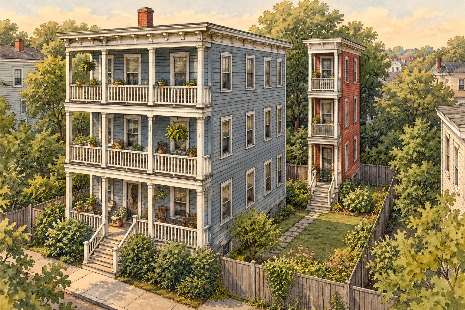 A watercolor illustration shows a large blue three-story house beside a narrow red three-story house, surrounded by leafy trees, flower gardens, and wooden fences.