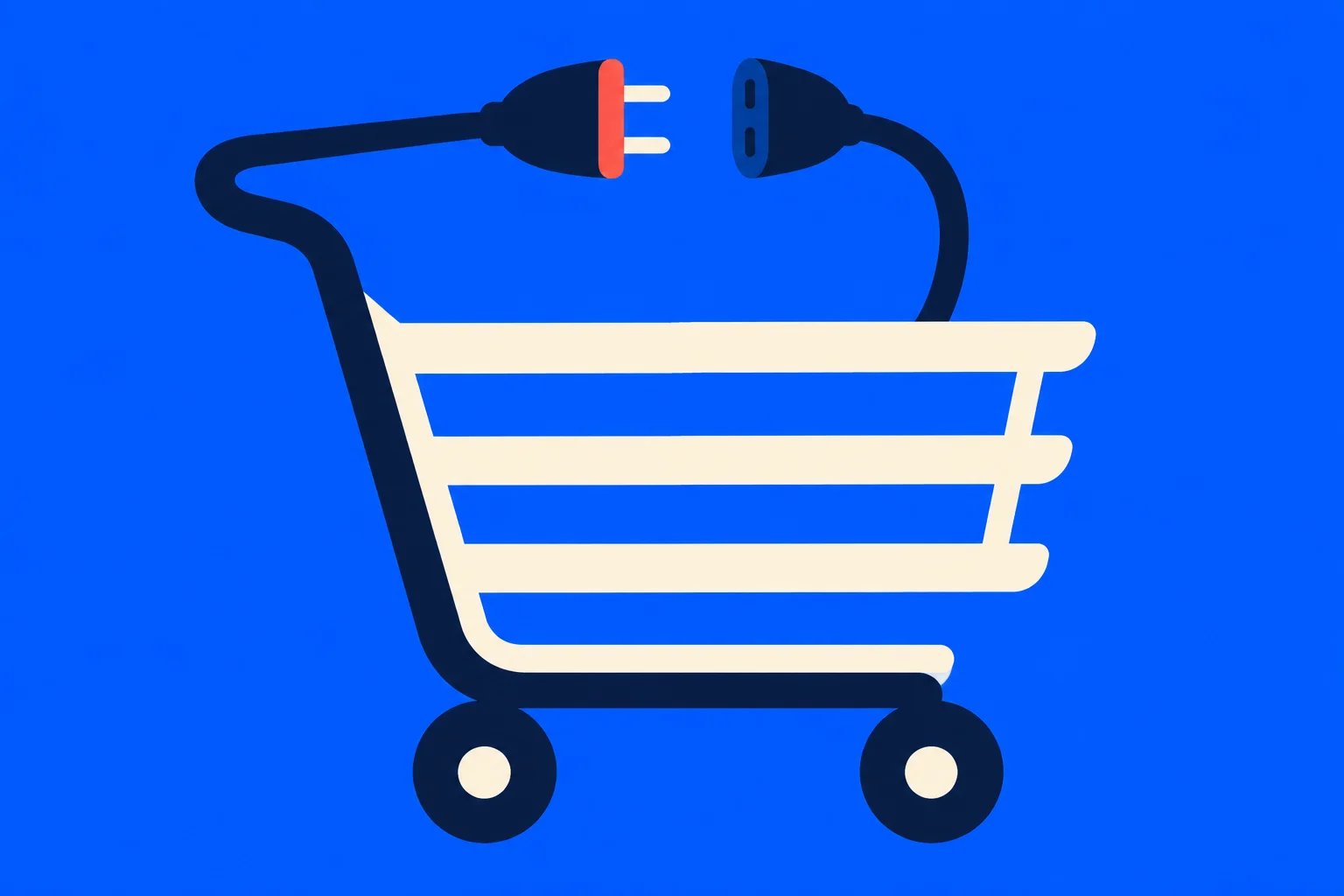 A cream shopping cart with dark wheels incorporates a dark electrical cord ending in disconnected plugs against a bright blue background.