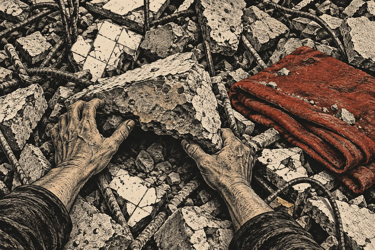 Two hands lift a broken concrete slab amid rubble, twisted reinforcing bars, and a folded red blanket in a detailed, etched illustration.