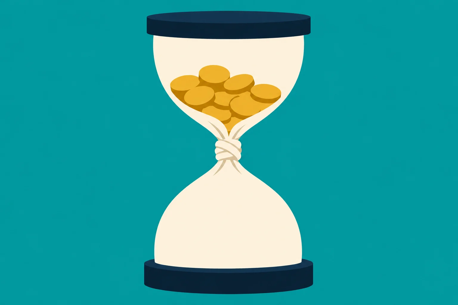 An hourglass with gold coins in its upper chamber and a knotted narrow center stands against a teal background.
