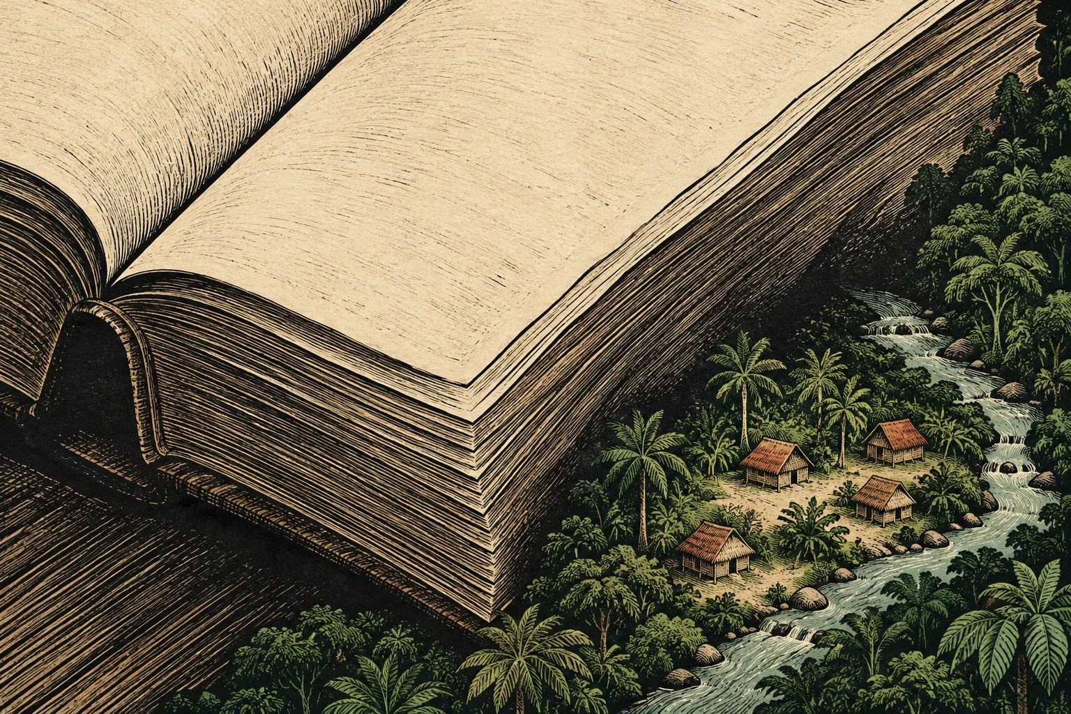 A giant open book towers over a tropical village with thatched huts, palm trees, and a winding river, rendered in a vintage woodcut style.