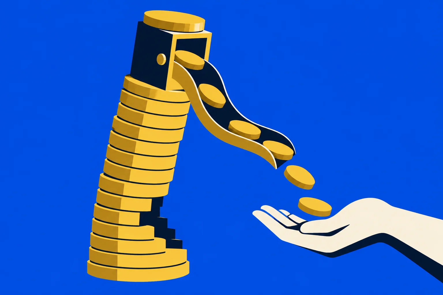 Gold coins slide from a device atop a tall stack of coins into an outstretched hand against a blue background.