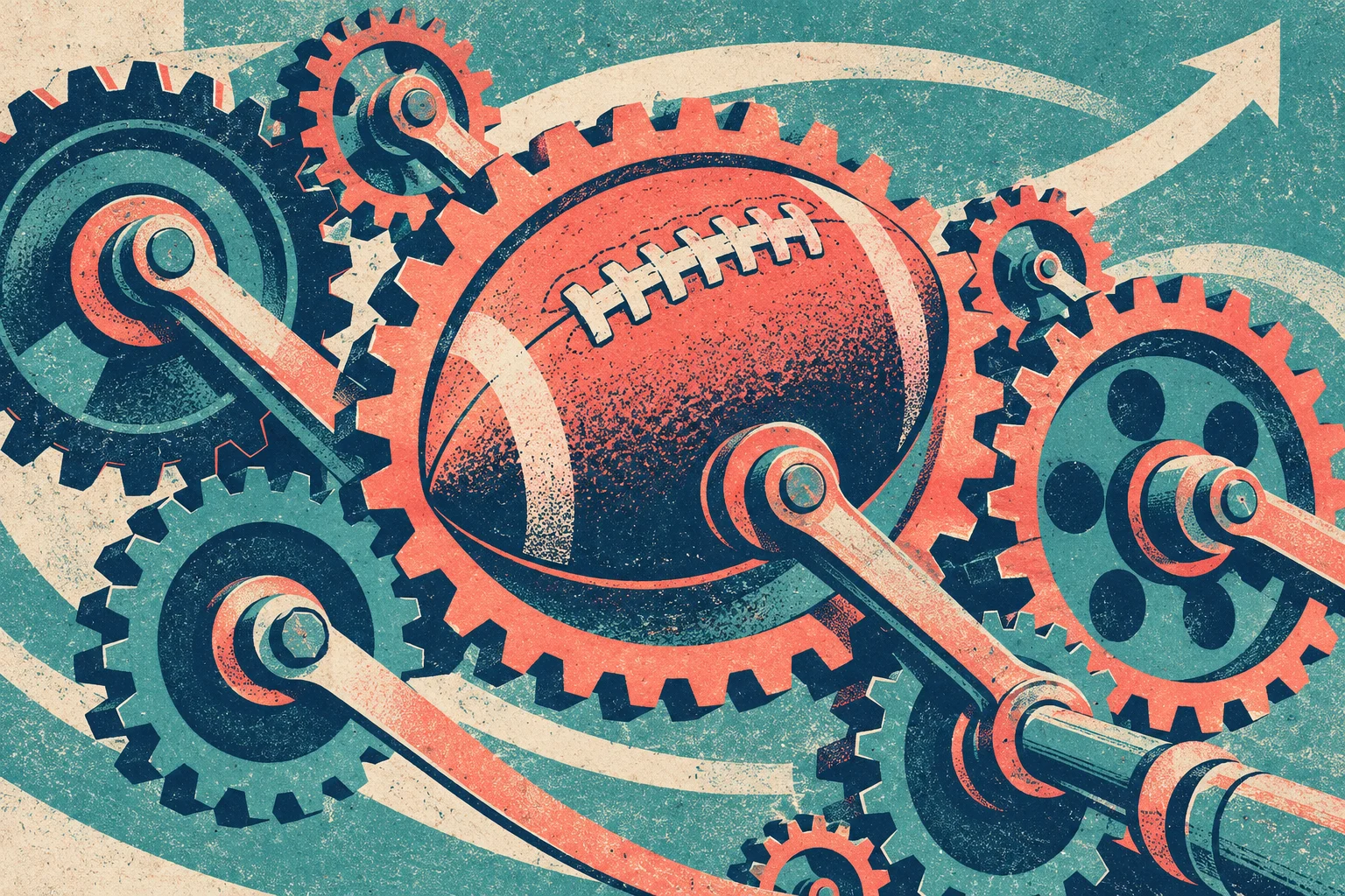 A textured retro illustration shows interlocking coral and teal gears, mechanical connecting rods, and a central American football, with cream arrows curving behind them.