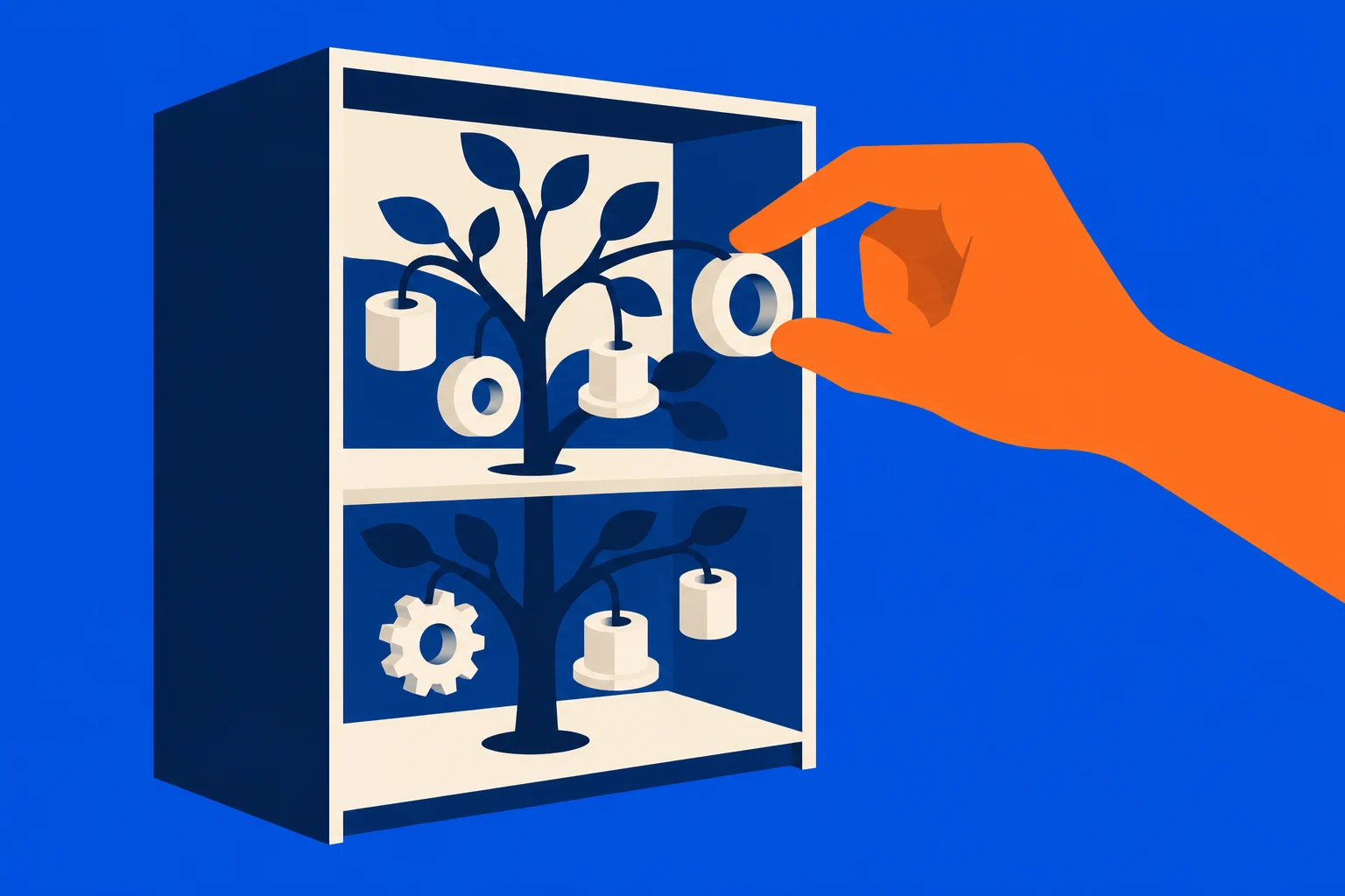 An orange hand selects a cream ring from dark blue tree branches displaying mechanical parts inside a cream-framed cabinet against a bright blue background.