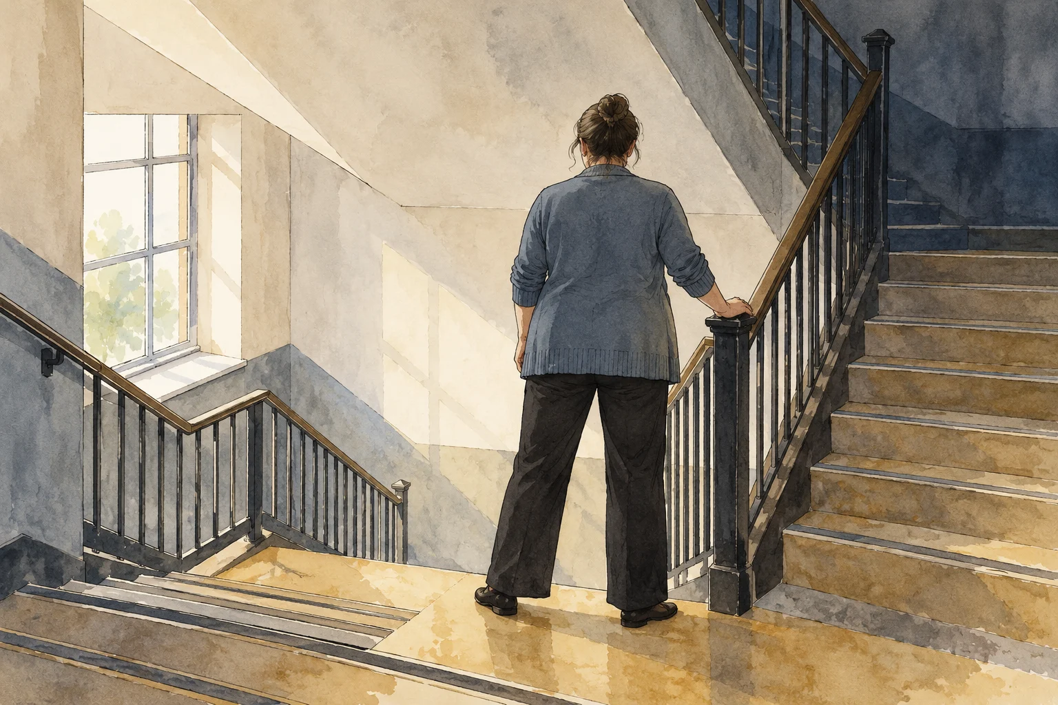 A woman seen from behind stands on a sunlit stairwell landing, resting one hand on a railing between stairs leading up and down.
