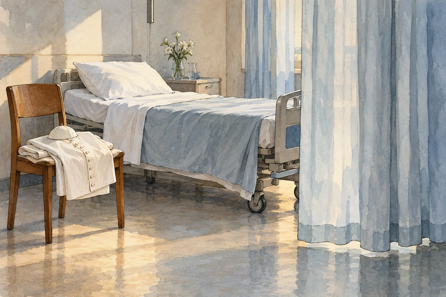 A watercolor hospital room has an empty bed, blue privacy curtains, flowers on a bedside cabinet, and a wooden chair holding white clothing and a cap.