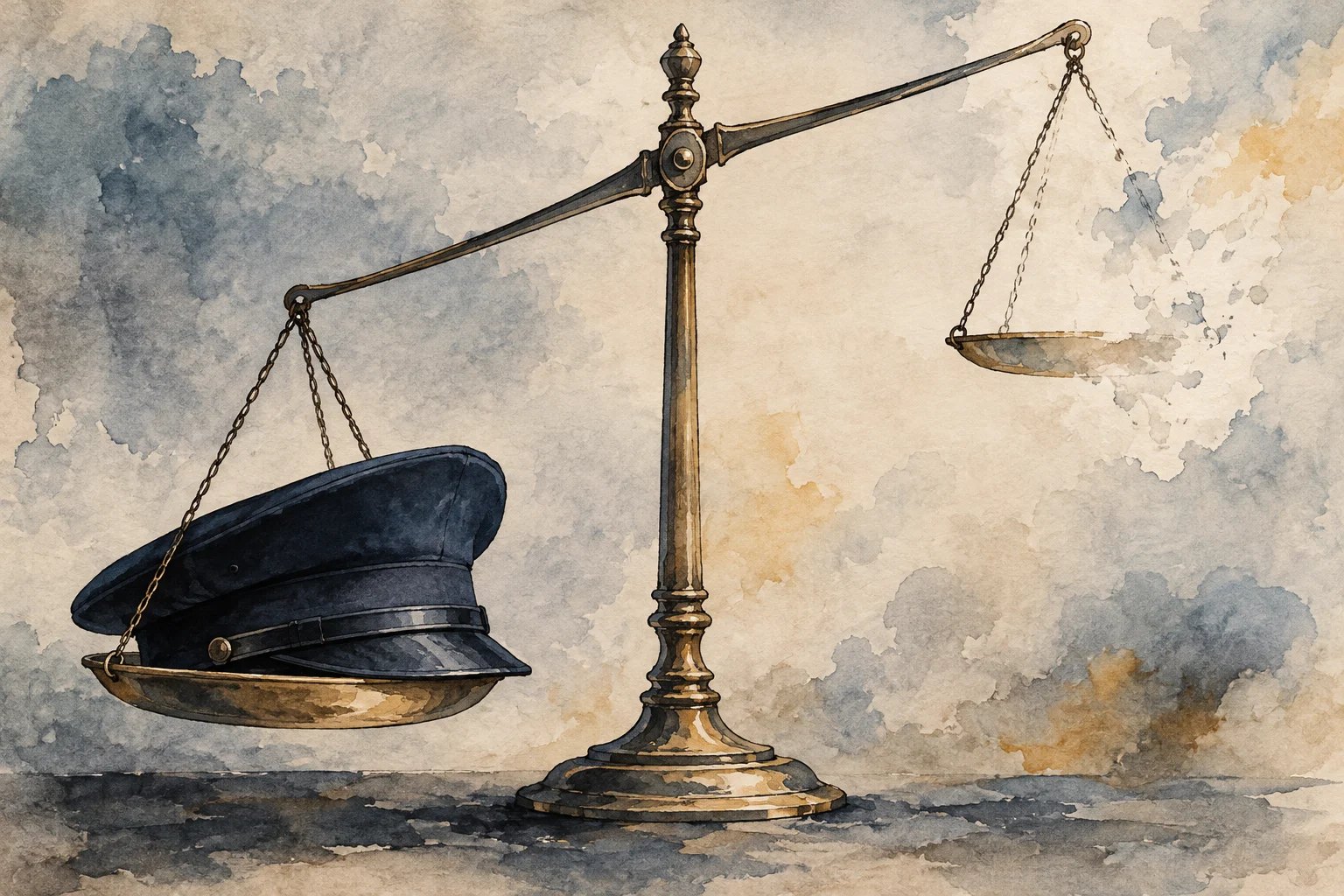 A watercolor balance scale tips downward under a dark military-style cap on its left pan, while the raised right pan is empty.