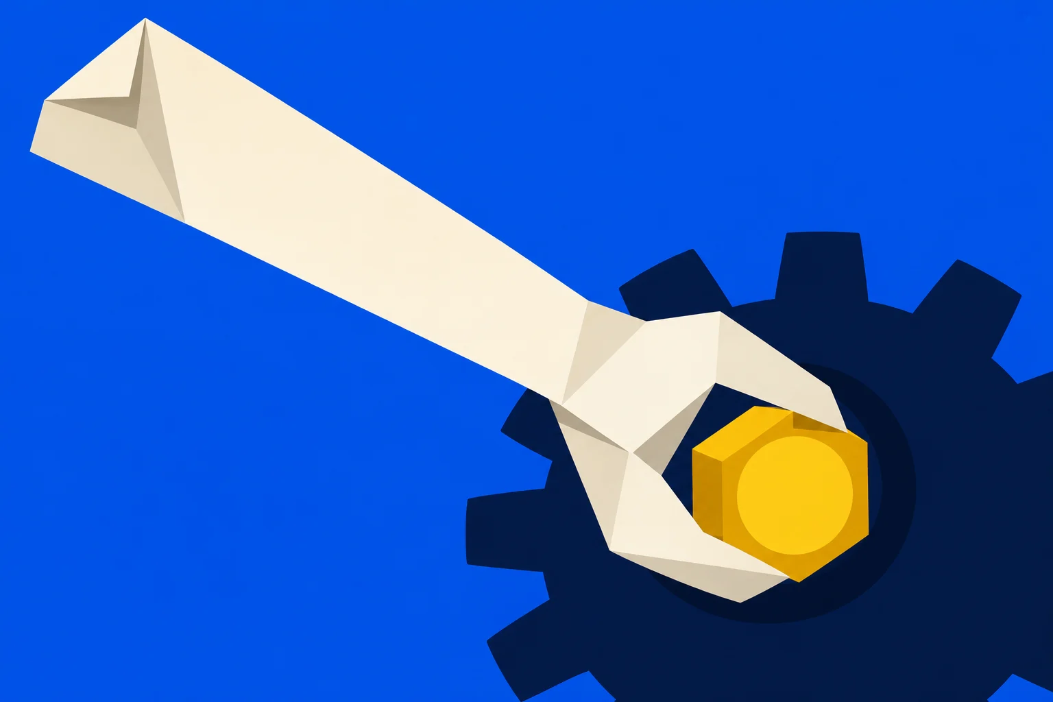 A cream origami wrench grips a gold hexagonal nut against a dark blue gear on a bright blue background.