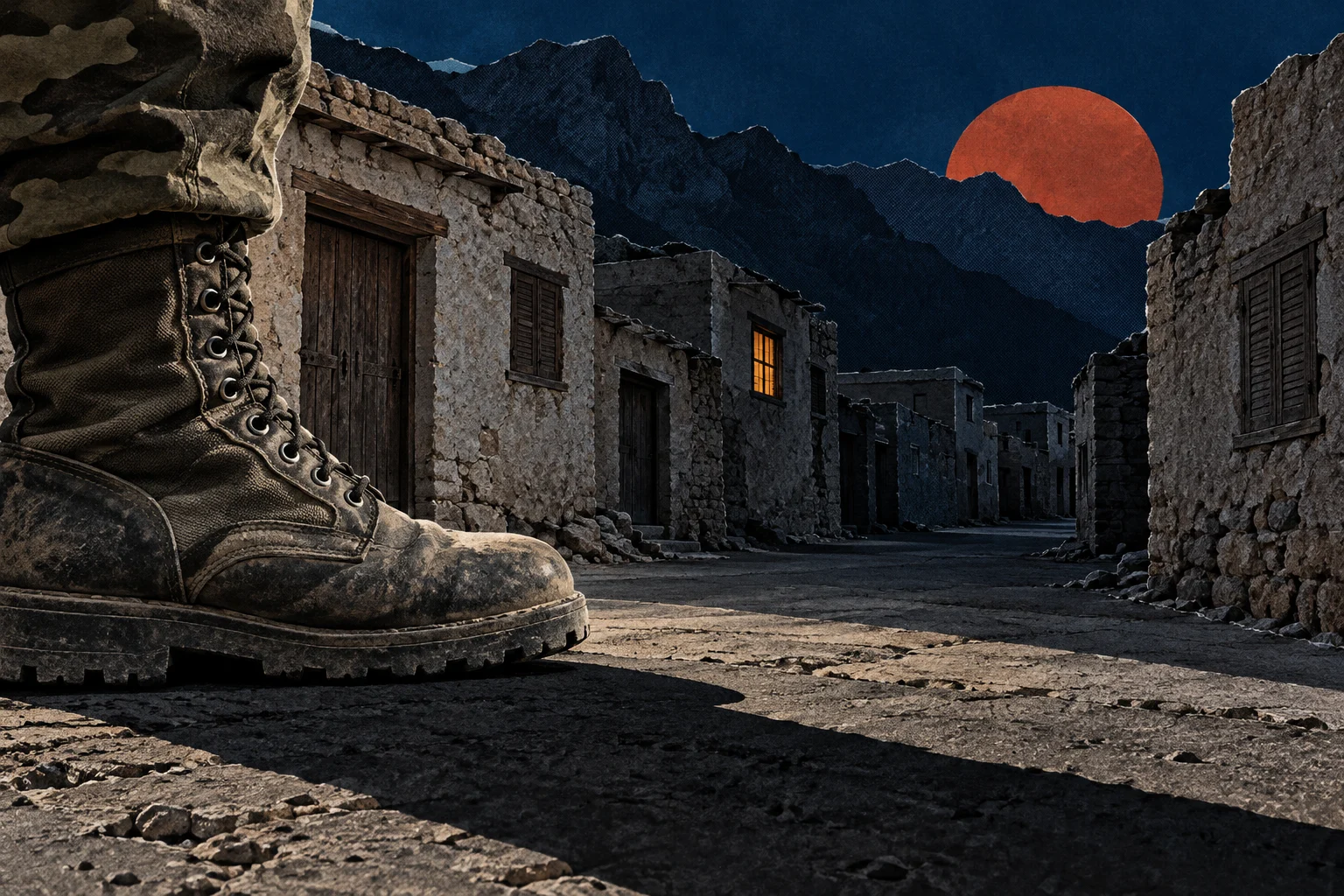 A giant worn military boot stands on a deserted stone village street beneath dark mountains and a red moon, with one window glowing orange.