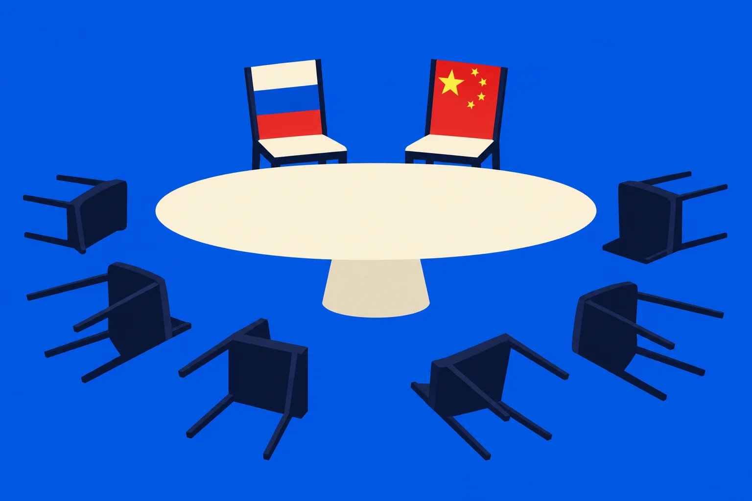 Chairs bearing Russian and Chinese flags stand behind an oval table, surrounded by six overturned dark chairs against a bright blue background.