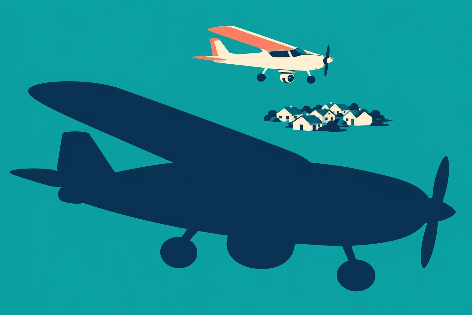 A small cream and orange airplane flies above a cluster of houses, with a large dark blue airplane silhouette filling the teal foreground.