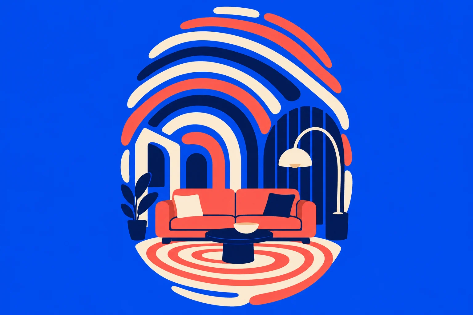 A coral sofa, round coffee table, potted plant, and curved floor lamp sit beneath cream, coral, and navy arches on a bright blue background.