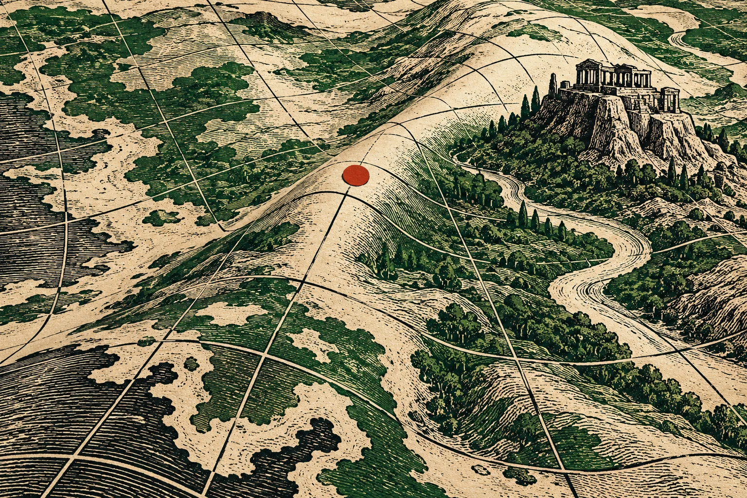 A vintage-style map depicts forested hills, a winding road leading to a hilltop temple, curved grid lines, and a red marker.
