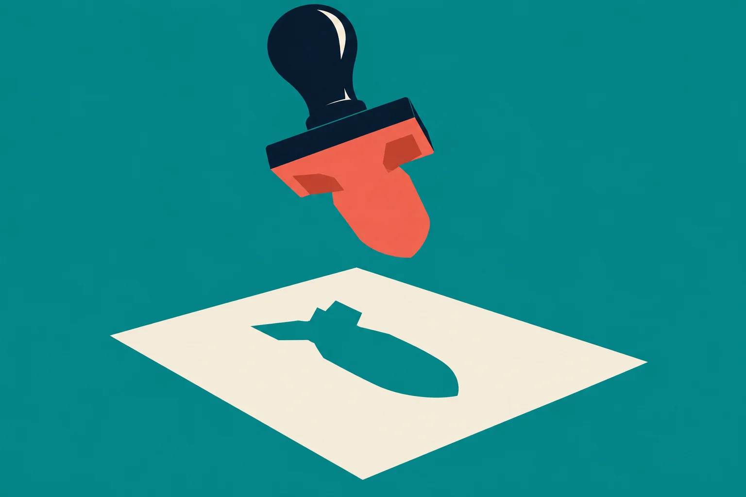 A black-handled rubber stamp with a coral base hovers above cream paper bearing a teal bomb silhouette on a teal background.