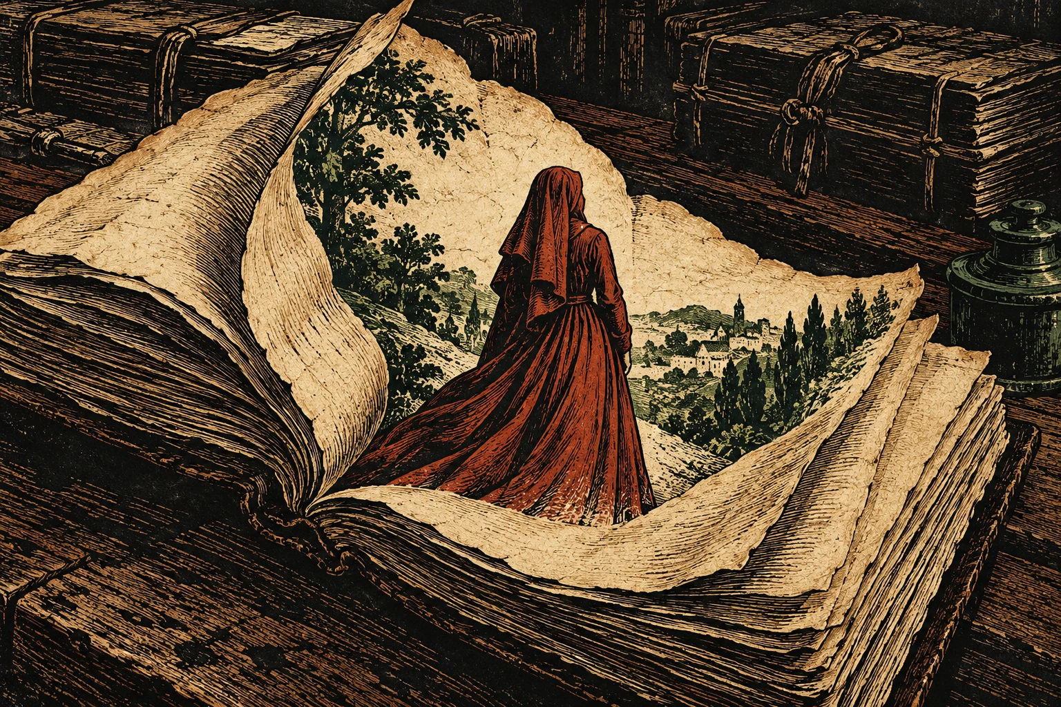 A red-cloaked woman stands within an open antique book whose curling pages reveal a wooded landscape and distant village, surrounded by stacked books.