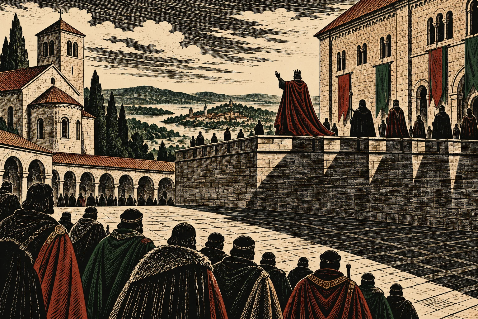 A crowned ruler in a red cloak addresses gathered nobles from a stone terrace beside medieval buildings, overlooking a river and distant town.