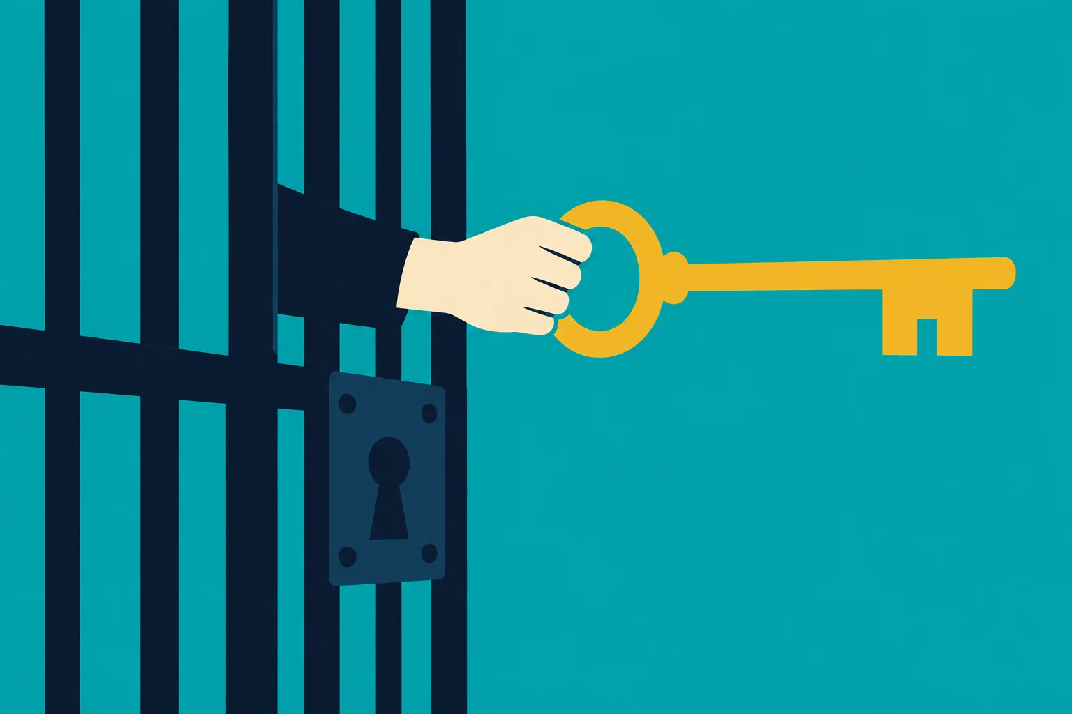A hand reaches through dark prison bars holding a large golden key beside a lock against a turquoise background.