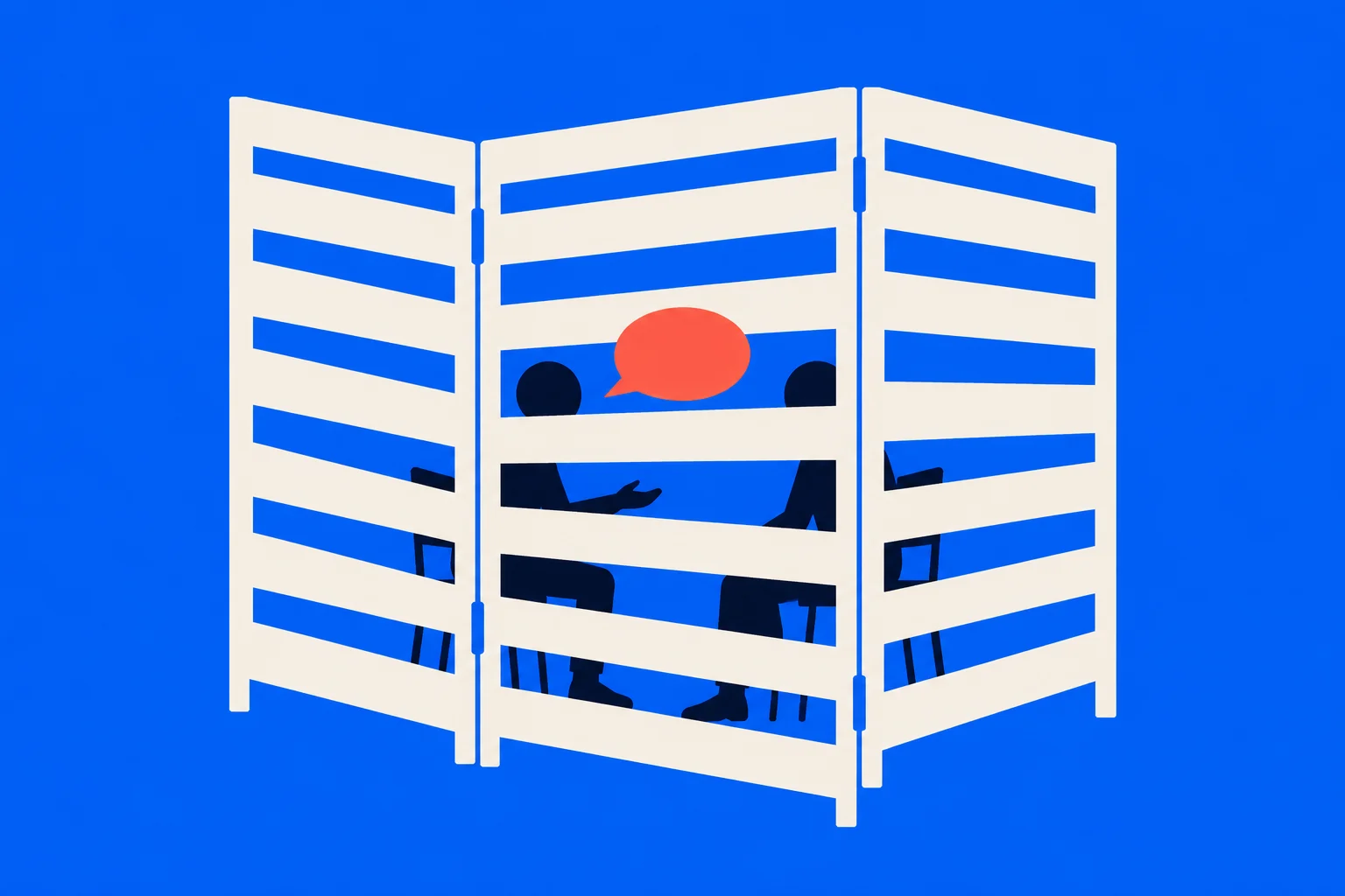 Two seated silhouettes converse behind a cream folding privacy screen with horizontal slats, with a red speech bubble between them against a bright blue background.