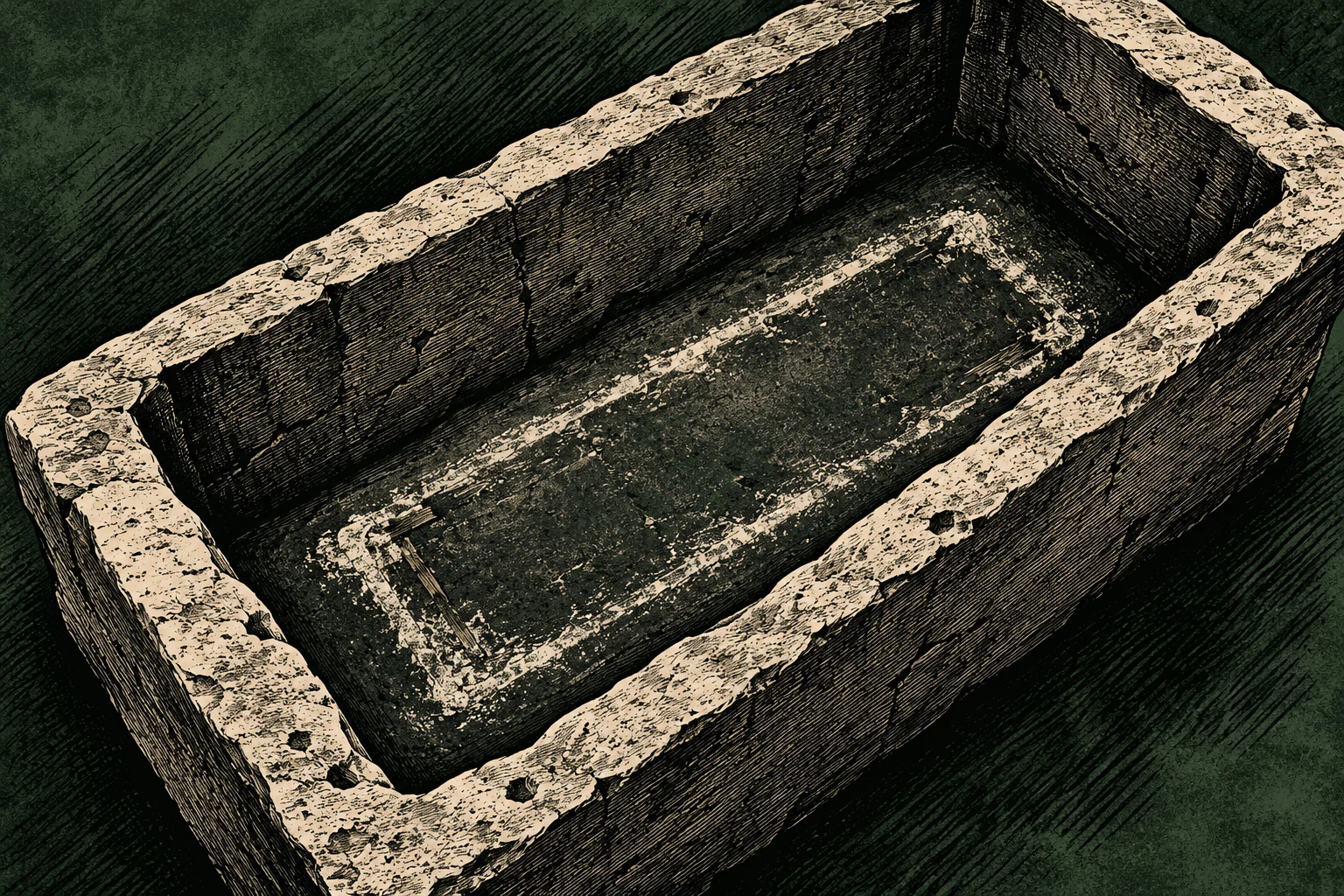 An empty rectangular stone basin with thick, weathered walls and pale markings on its dark floor, viewed from above at an angle.