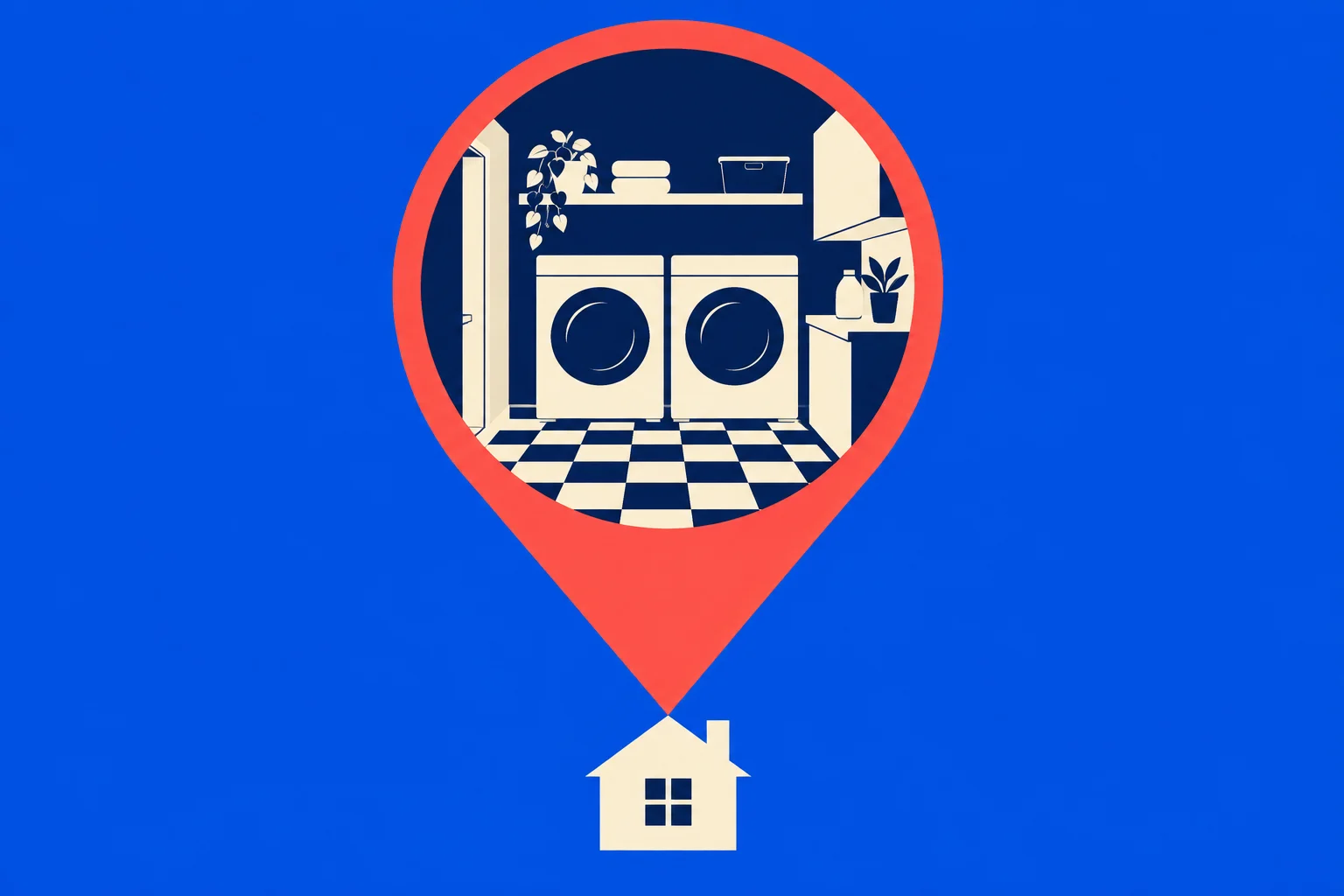 A red location pin contains a laundry room with two washing machines, shelves, and plants, pointing to a cream house icon on a blue background.