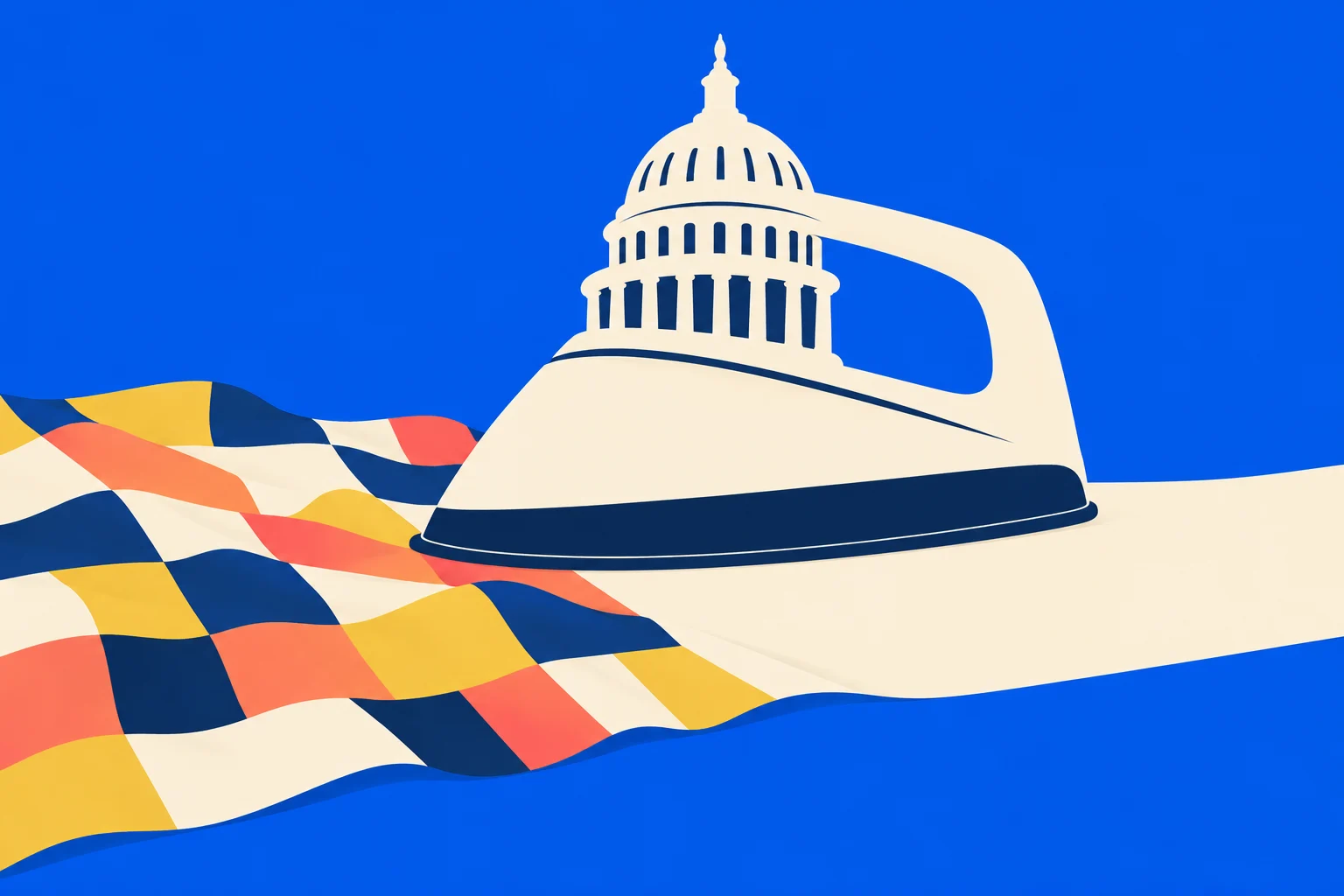 A cream-colored iron shaped like the U.S. Capitol glides over wavy fabric patterned in navy, yellow, coral, and cream against a bright blue background.