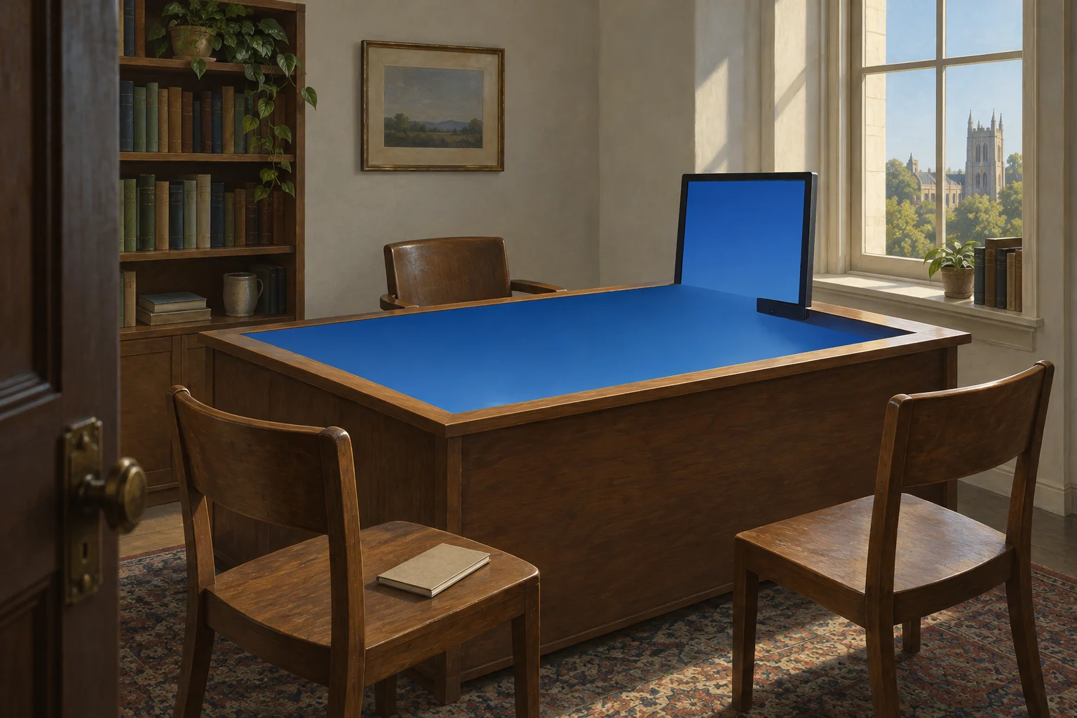 A sunlit study has a wooden desk with a blue surface and monitor, three wooden chairs, bookshelves, and a window overlooking a stone tower.