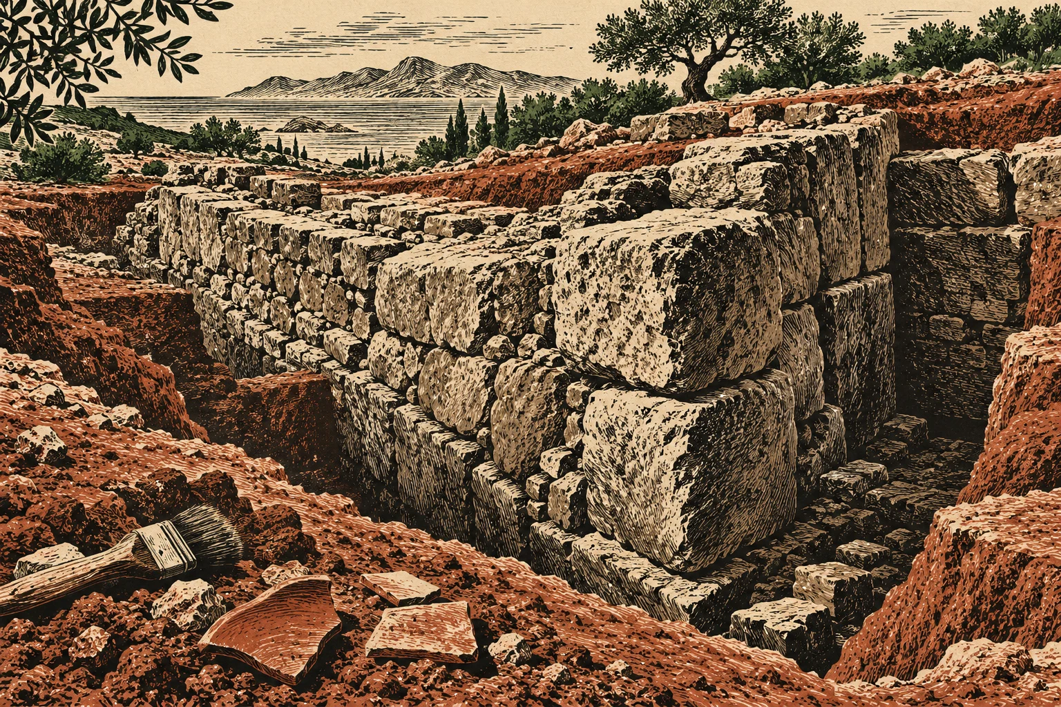 An illustrated archaeological excavation reveals massive stone foundations in reddish soil, with pottery fragments and a brush in the foreground and trees, sea, and mountains beyond.