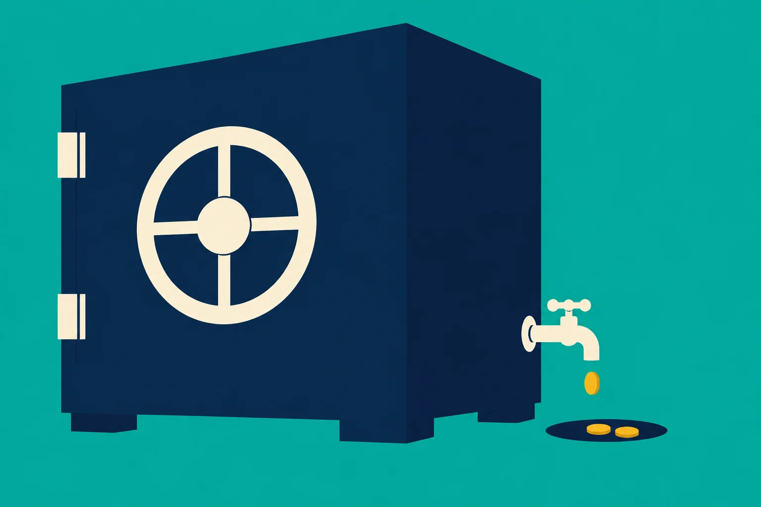 A dark blue safe with a cream wheel and faucet releases gold coins onto a small dark oval against a turquoise background.