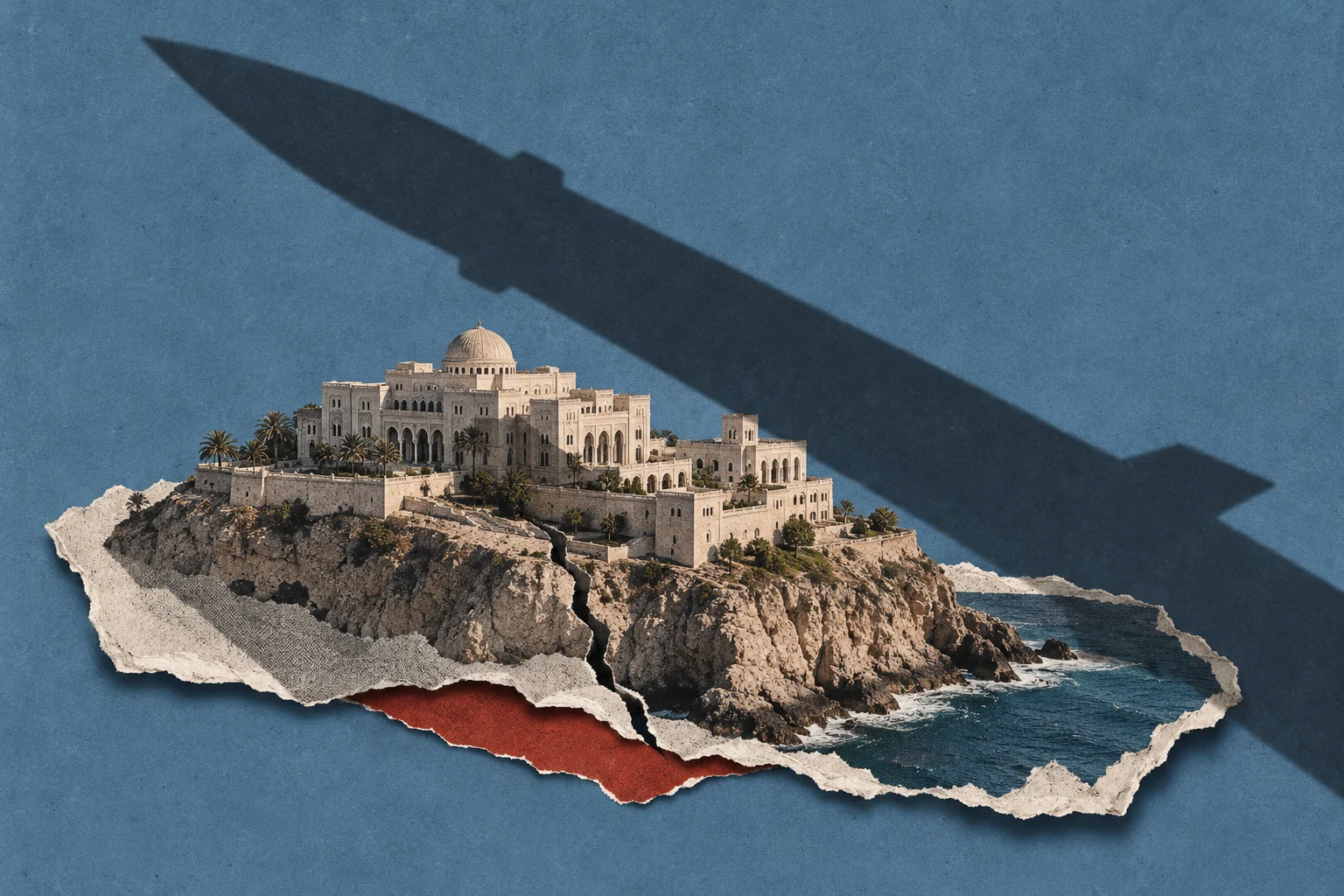A torn paper collage shows a domed coastal palace split by a deep crack, with a large missile shadow cast across the blue background.