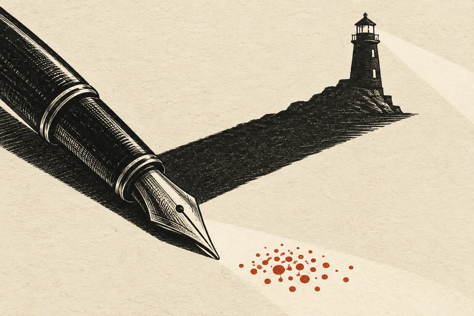 A black fountain pen casts a long shadow ending in a lighthouse, with rust-red ink droplets scattered near its nib on textured cream paper.