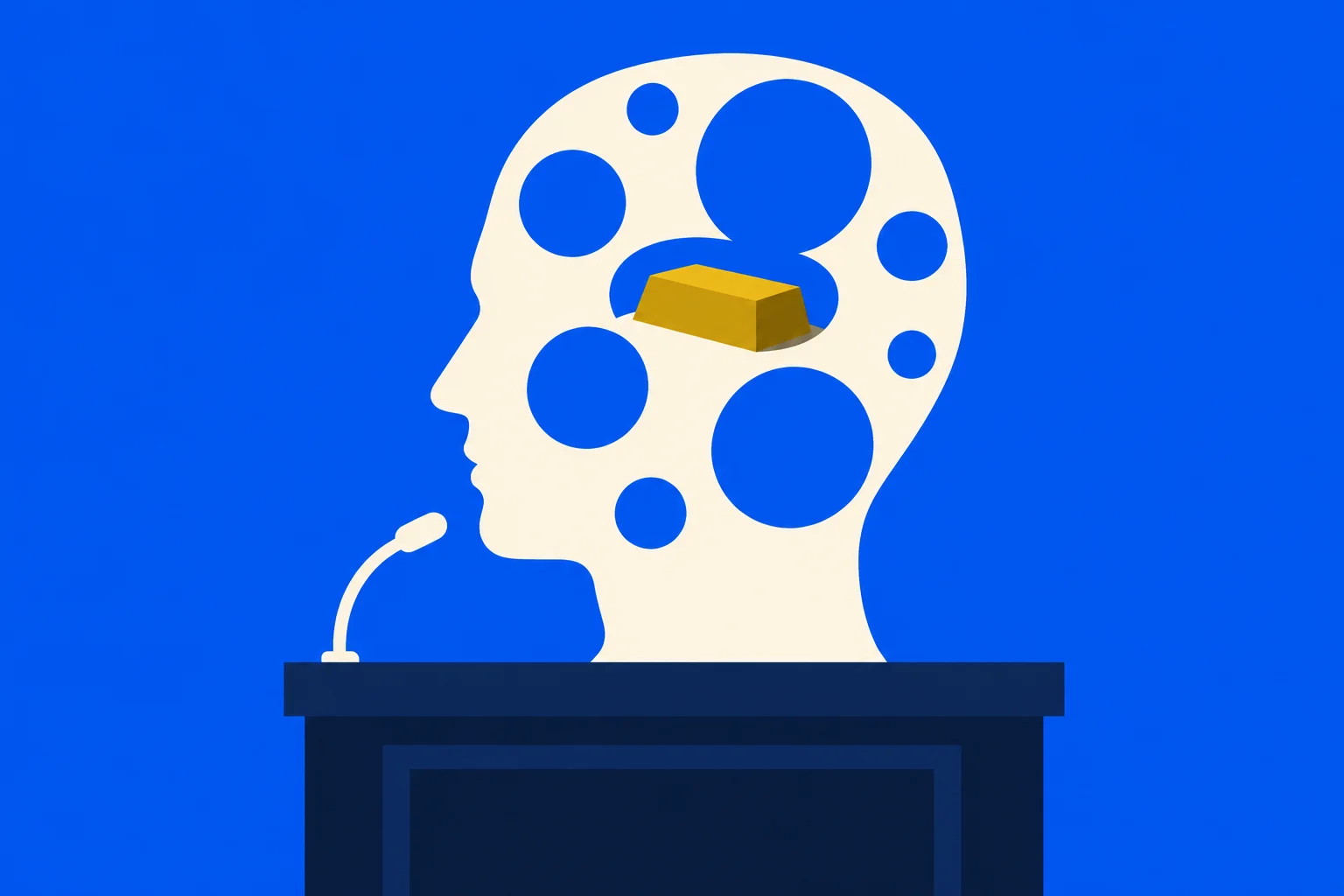 A cream-colored head silhouette with blue circular holes and a gold bar inside stands behind a dark podium with a microphone against a blue background.