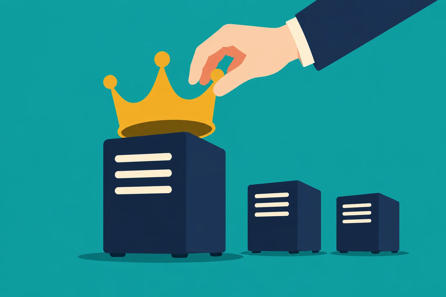 A hand places a gold crown on the largest of three dark blue server towers against a teal background.