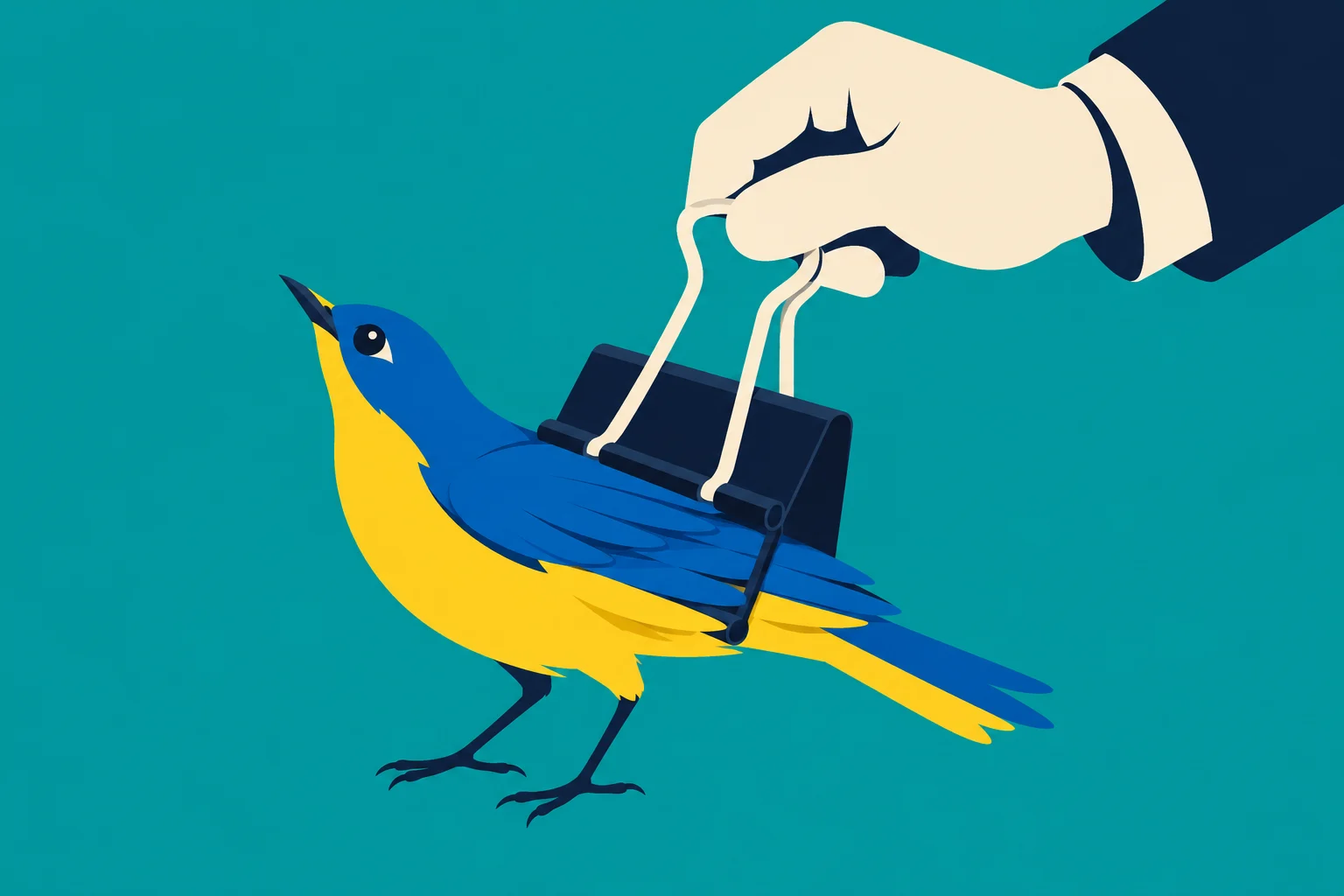 A hand holds a large binder clip clamped onto the back of a blue and yellow bird against a teal background.
