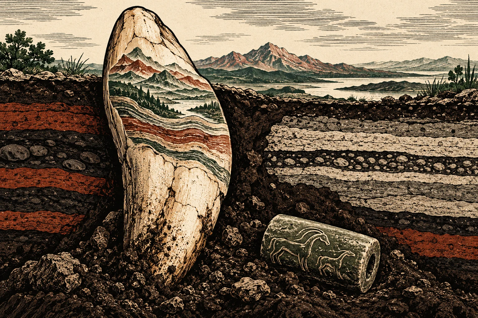 A vintage-style geological illustration shows layered earth, a tall stone containing a mountain landscape, and a smaller rock engraved with two horse-like animals.