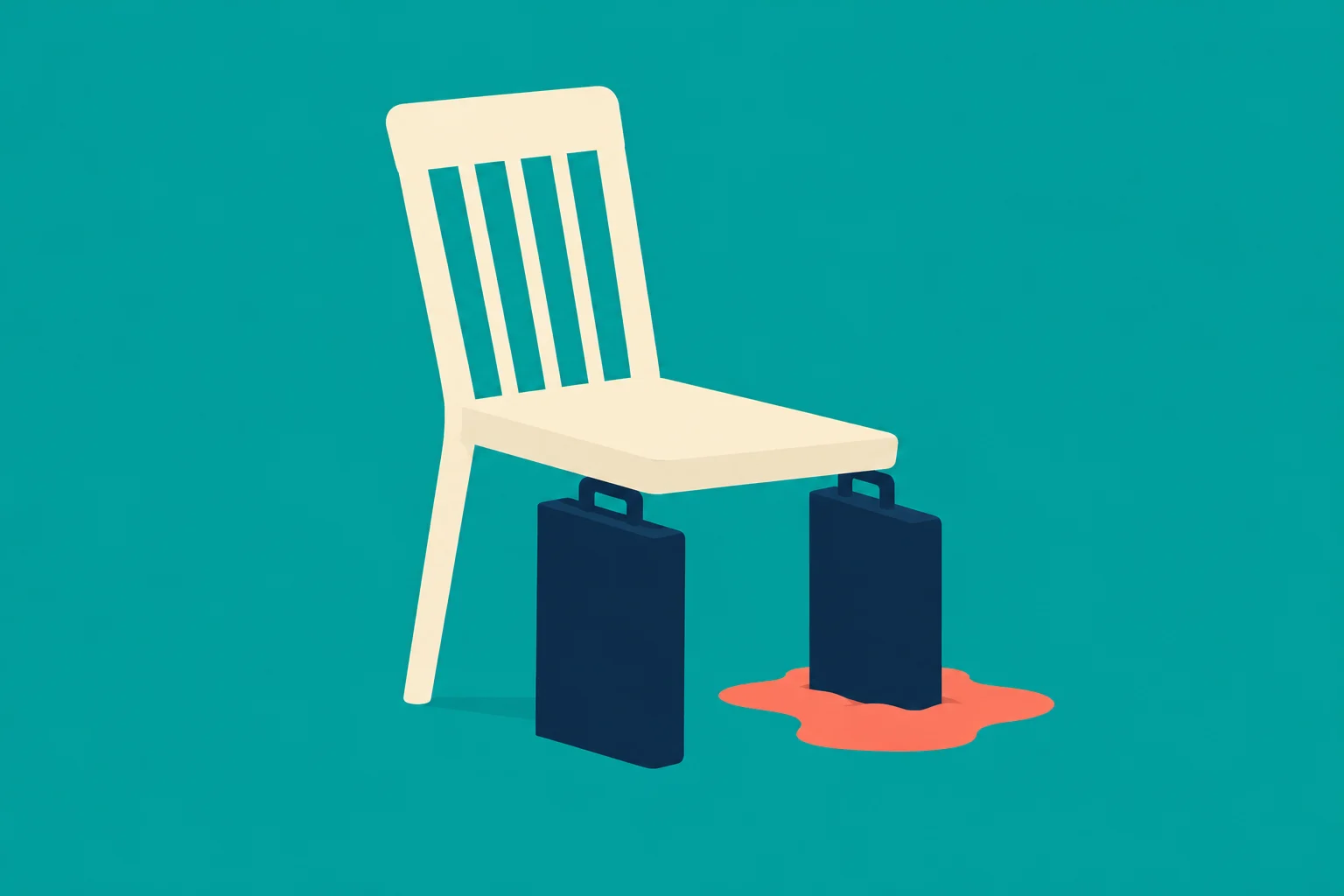 A cream chair stands on one cream leg and two navy briefcases, with a coral puddle beneath the right briefcase against a teal background.