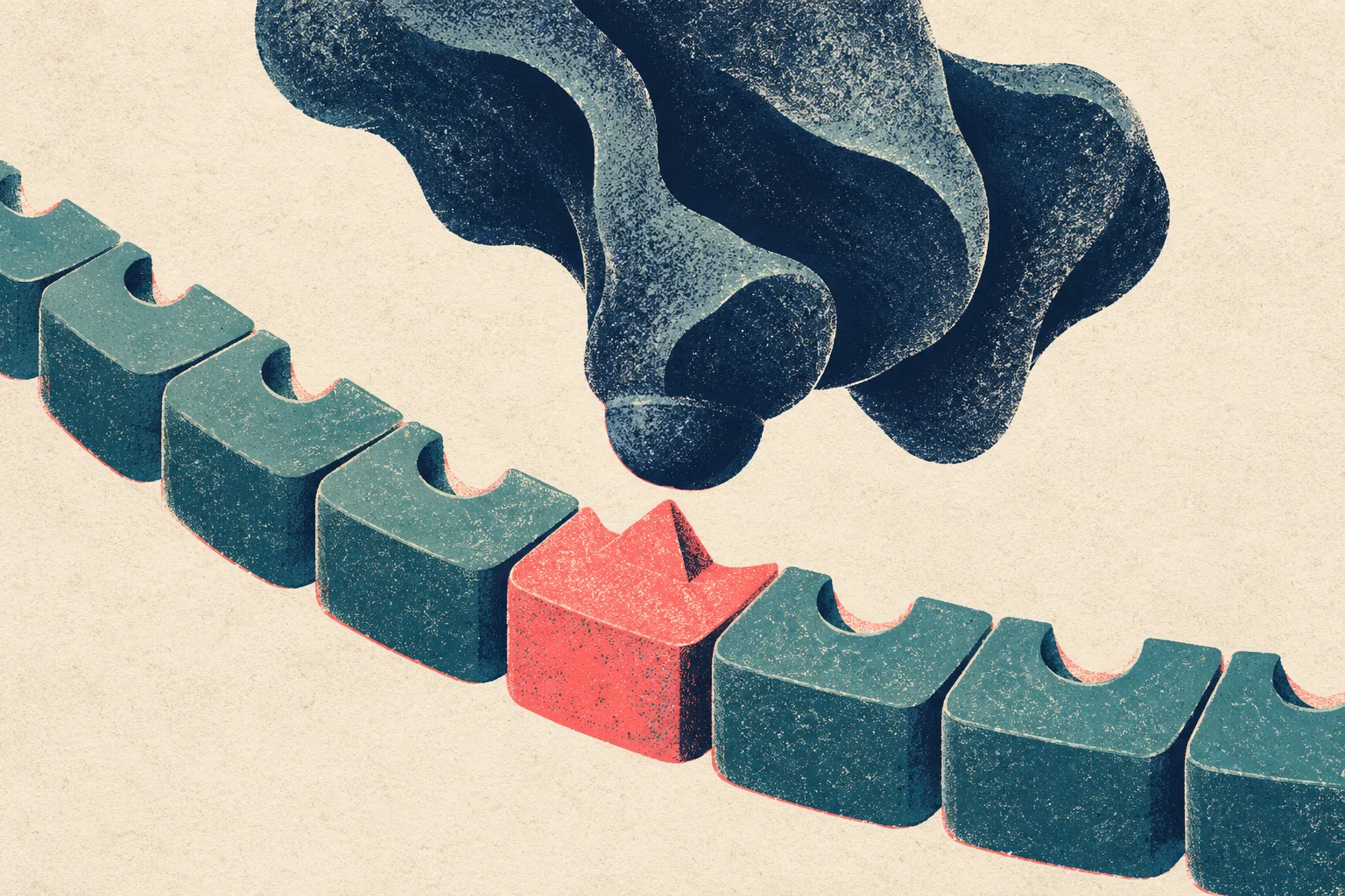 A dark, textured hand presses a red block among a curved row of teal blocks with semicircular notches on a cream background.