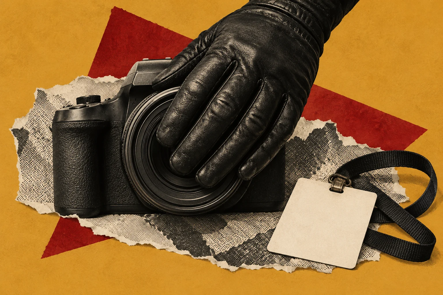 A black leather-gloved hand covers a camera lens beside a strap and blank tag, against torn patterned paper and red shapes on a yellow background.