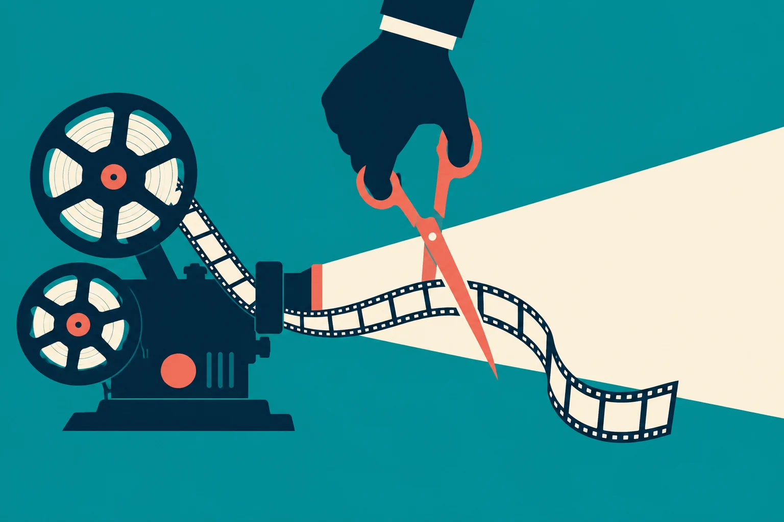 A hand holds red scissors cutting a filmstrip unspooling from a vintage movie projector, which casts a cream beam across a teal background.