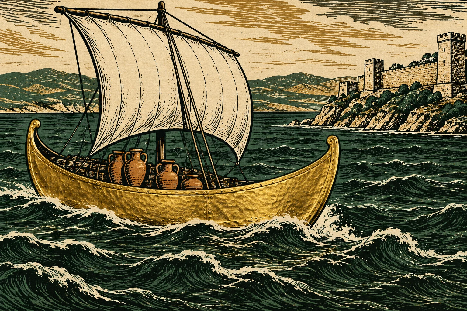 A golden ancient sailing boat carrying pottery rides dark, choppy waves near a rocky coast with a stone fortress, rendered in a vintage woodcut style.