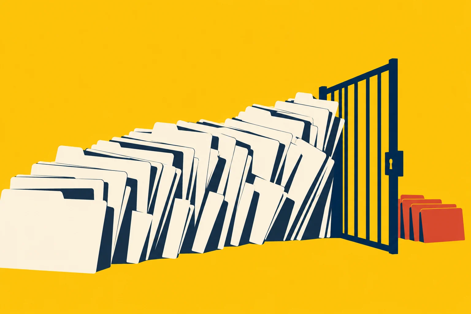 Cream-colored folders crowd behind a locked navy gate, while a few red folders sit outside it against a bright yellow background.