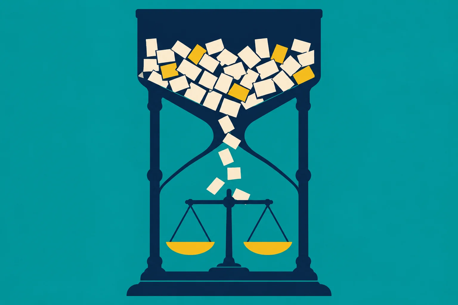 A navy hourglass holds cream and yellow paper squares falling toward balanced golden scales, against a teal background.