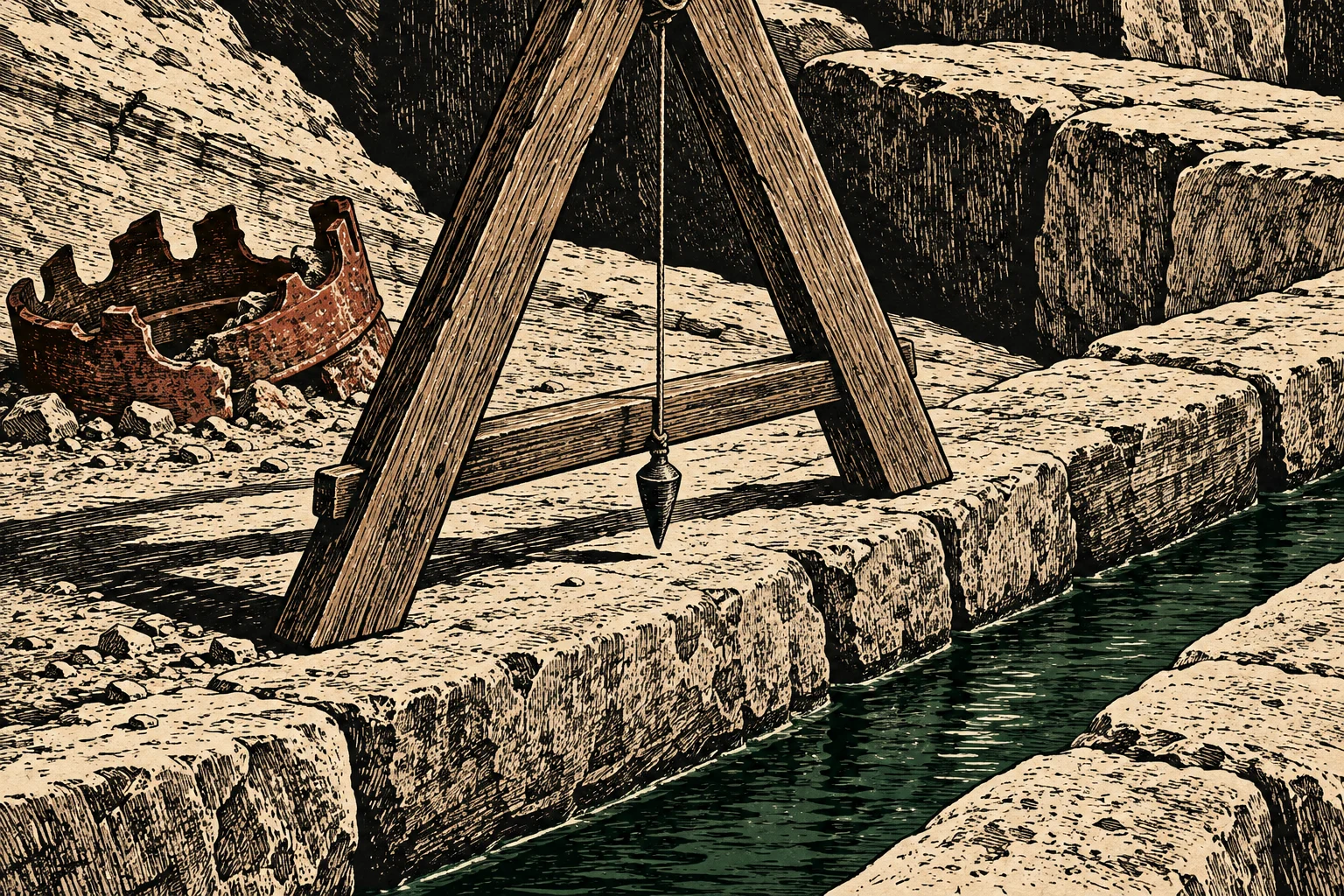 A wooden A-frame with a hanging plumb bob stands beside a stone water channel, with a broken rusty crown among nearby rubble.