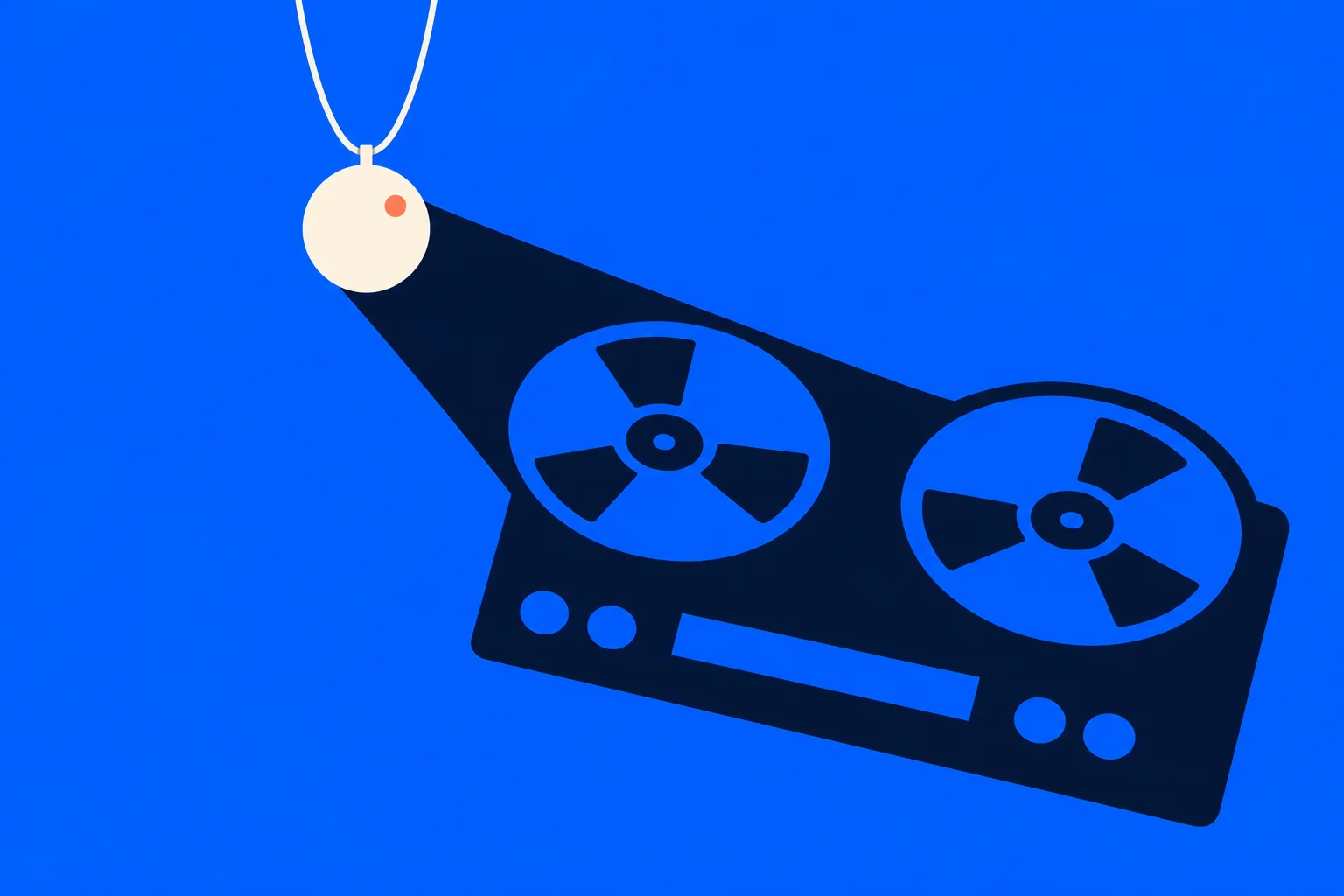 A cream pendant on a chain casts a dark shadow shaped like a reel-to-reel tape recorder against a bright blue background.