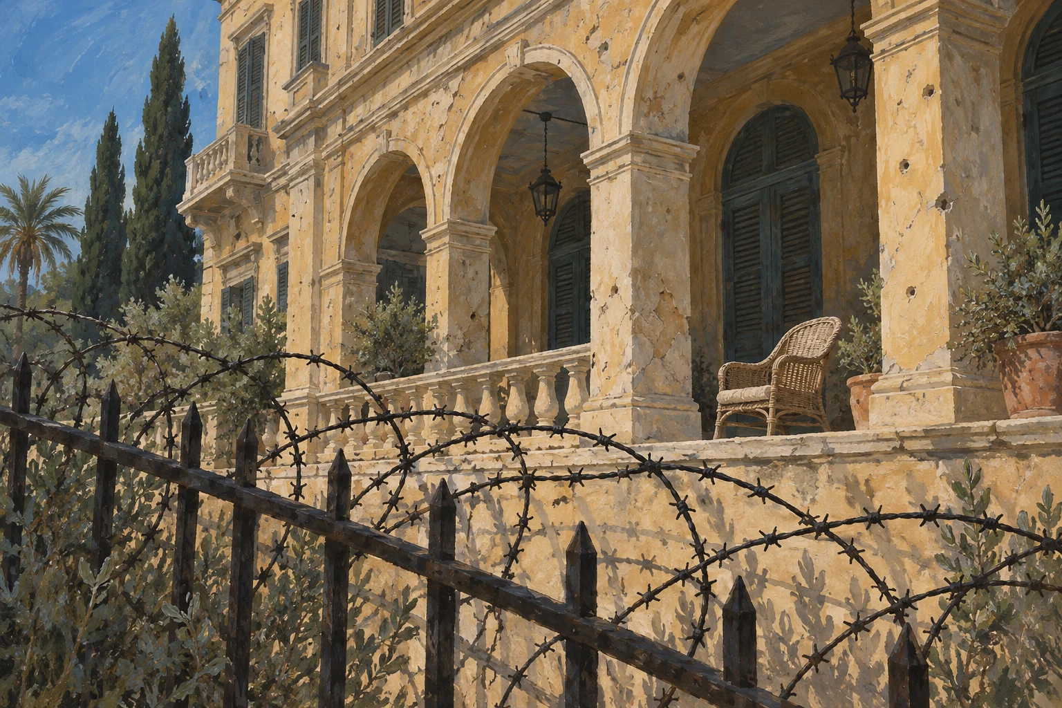 A weathered yellow villa with arched verandas, shuttered doors, and a wicker chair stands behind an iron fence tangled with barbed wire.