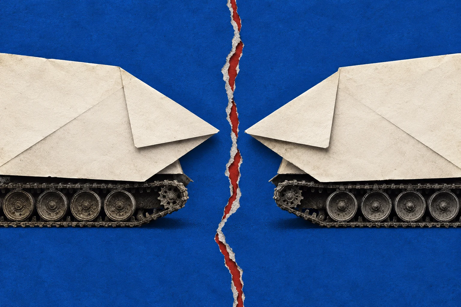 Two cream paper envelopes mounted on tank tracks face each other across a jagged vertical tear exposing red beneath a textured blue background.