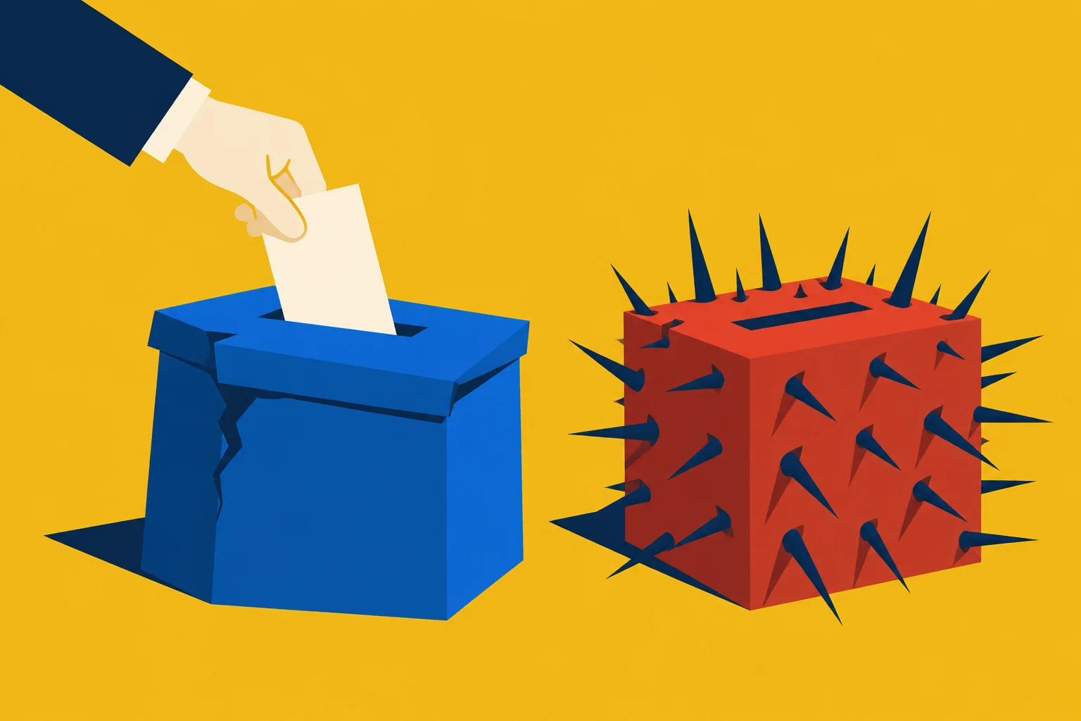 A hand inserts a ballot into a cracked blue ballot box beside a red ballot box covered in dark spikes against a yellow background.