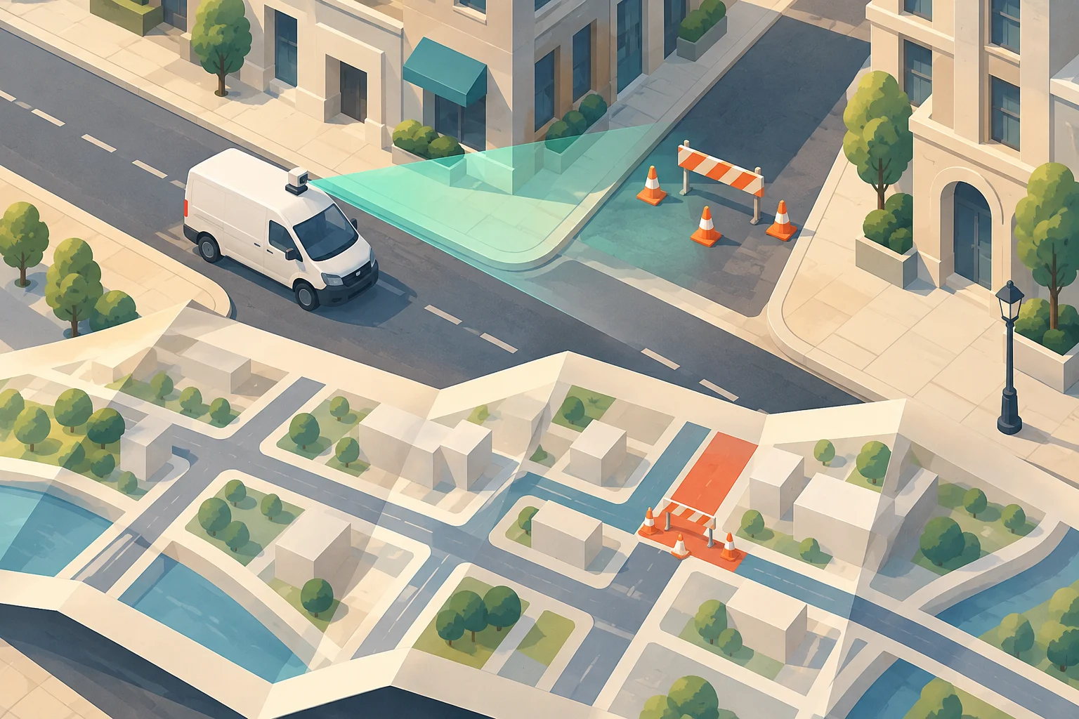 A white van scans a city intersection with a rooftop sensor, while a folded street map below highlights a road closed by construction barriers.